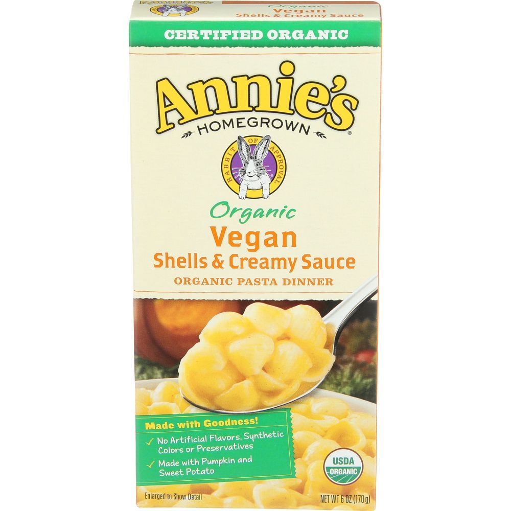 Annies Homegrown Organic Vegan Shells And Creamy Sauce Macaroni and Cheese, 6 Ounce -- 12 per case.