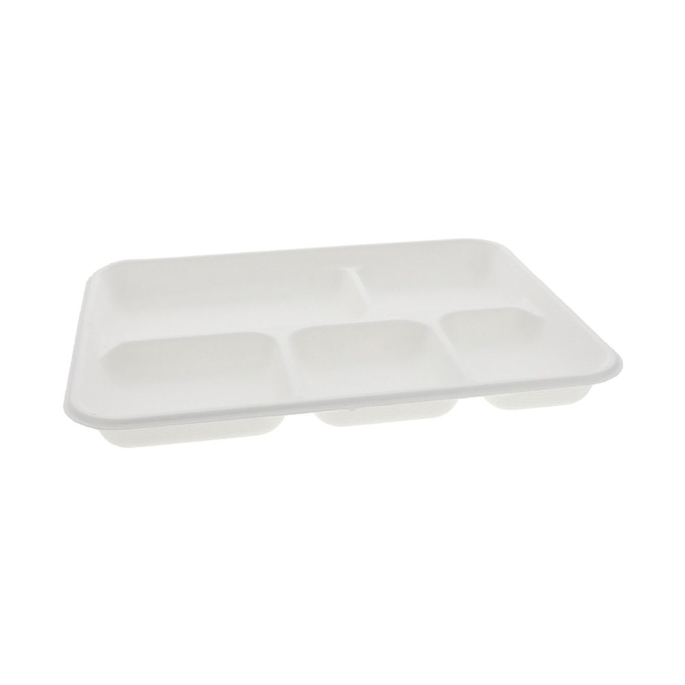 Pactiv White PFAS Free Compostable Molded Fiber 5 Compartment Tray, 10 x 8 x 1 inch -- 240 per case