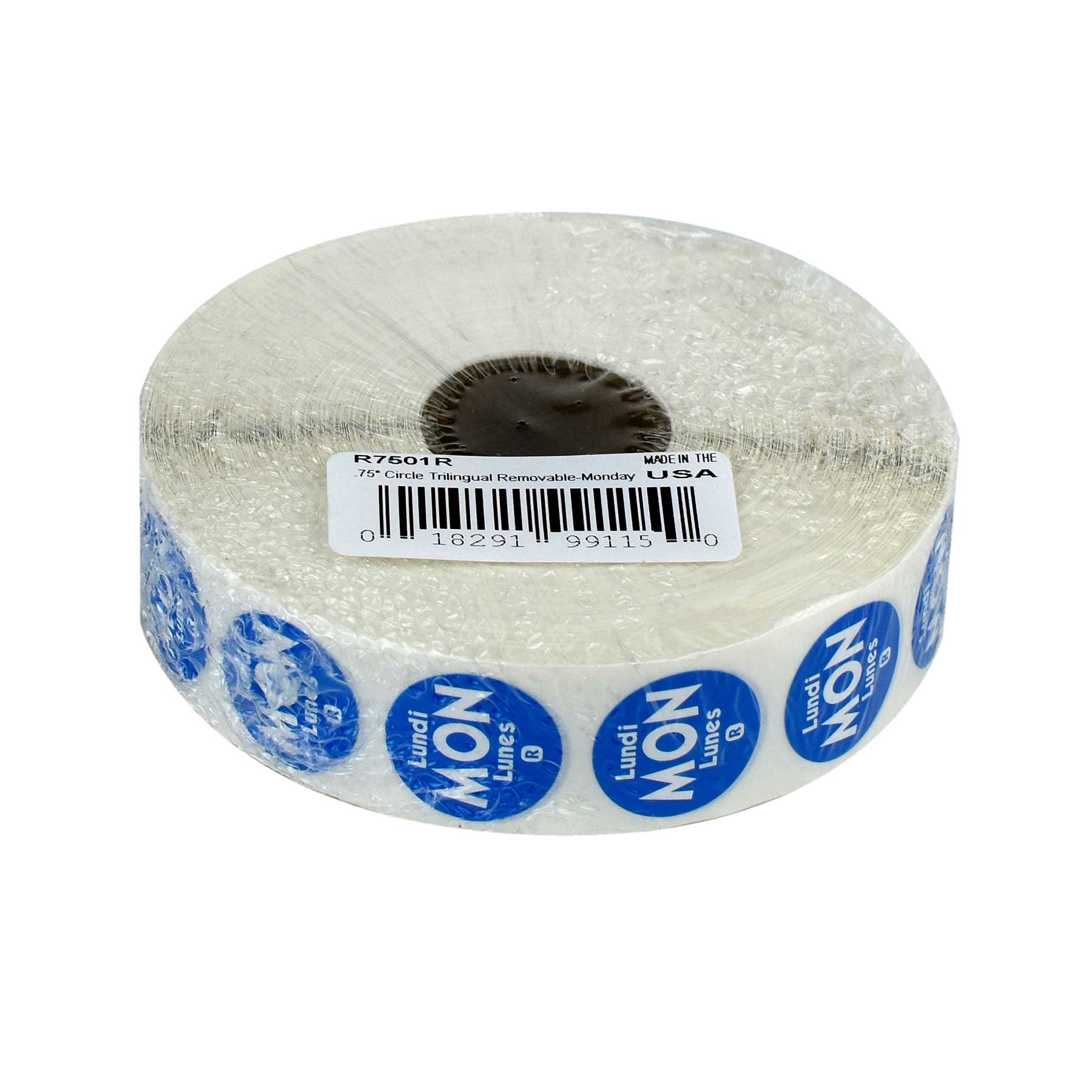 National Checking Company Dateit Blue Trilingual Removable Label - Monday, 0.75 inch Circle -- 2000 per case.