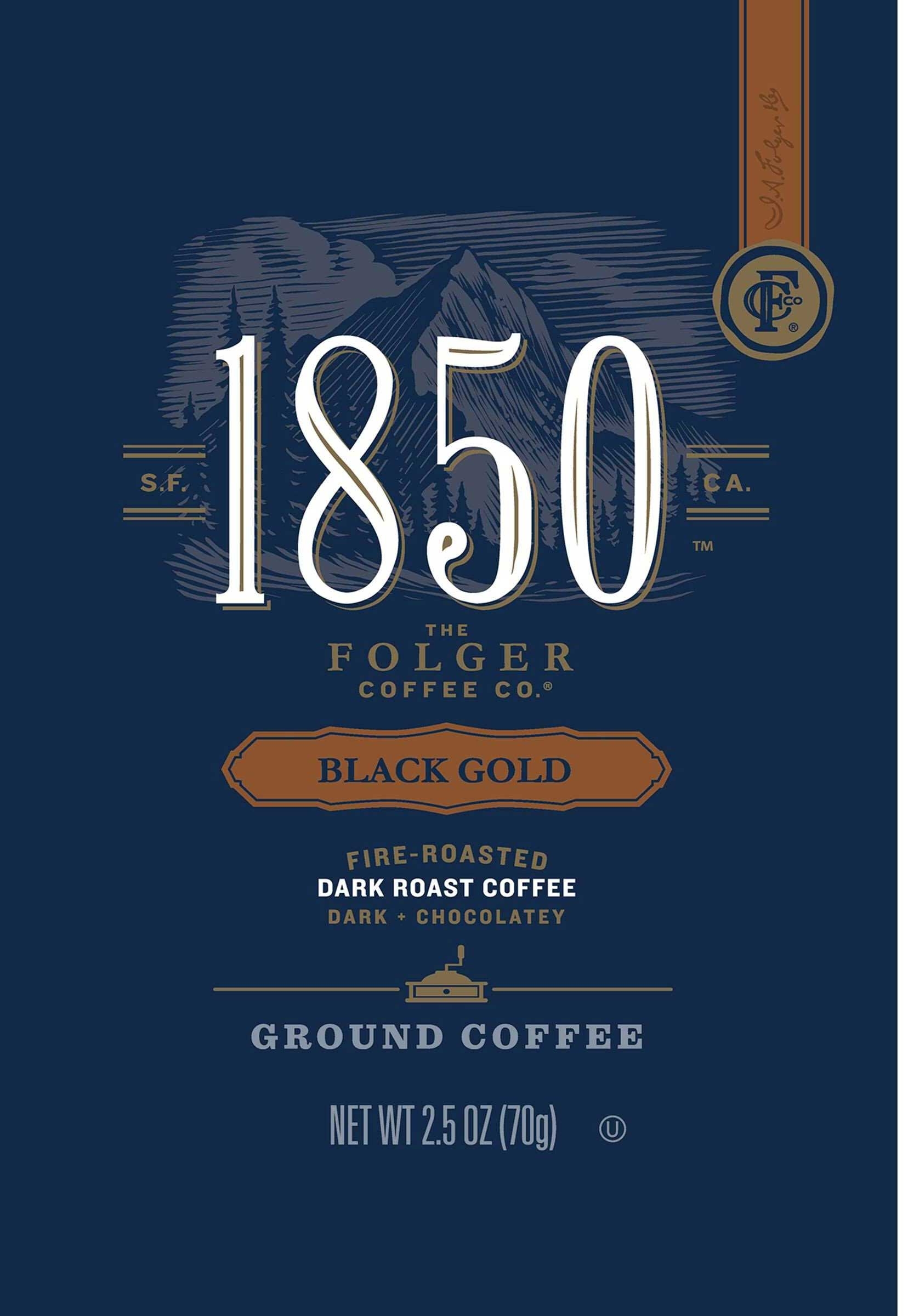 Folgers 1850 Black Gold Dark Roast Ground Coffee, 2.5 Ounce -- 24 per case.