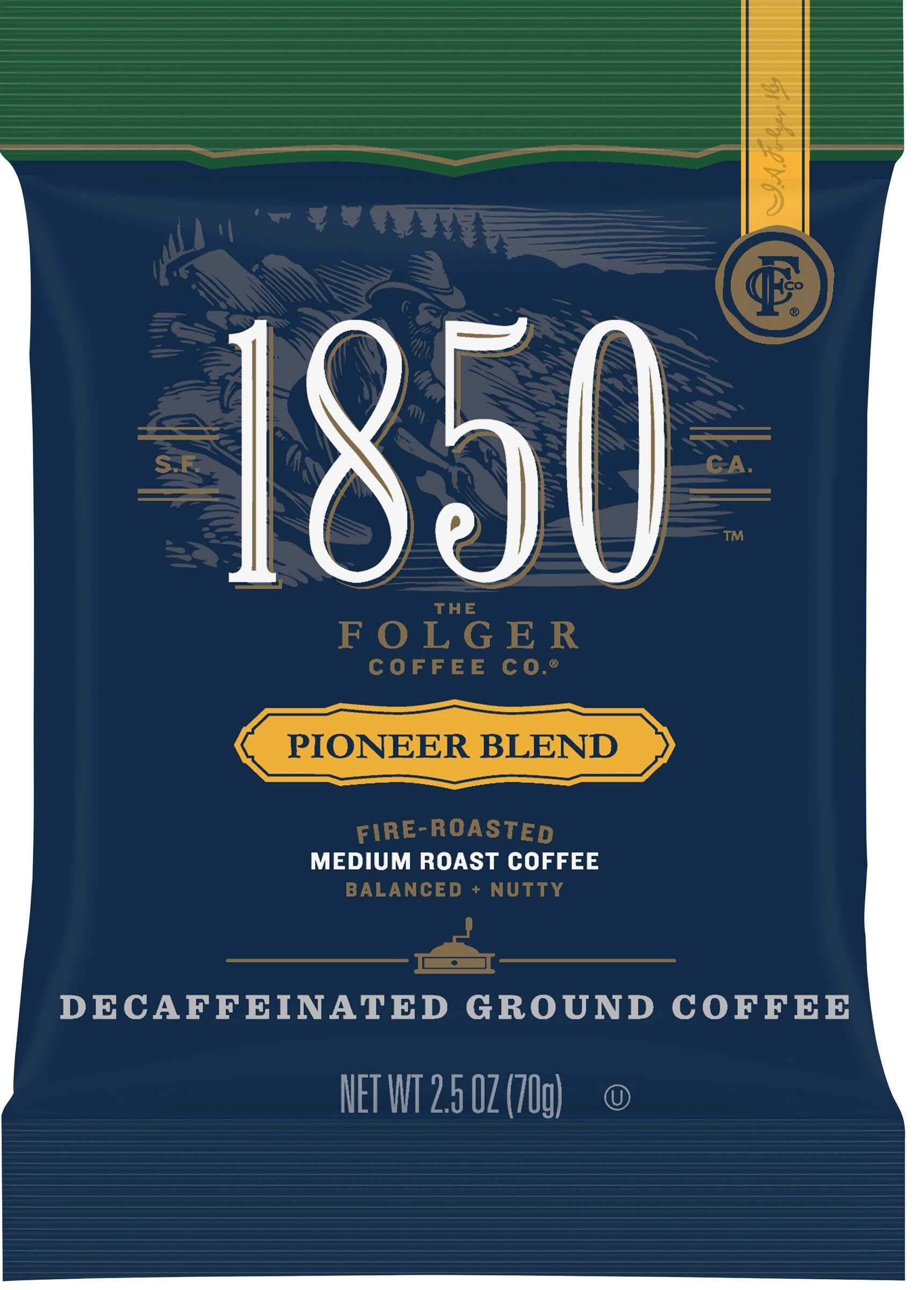 Folgers 1850 Pioneer Blend Medium Roast Decaffeinated Ground Coffee, 2.5 Ounce -- 24 per case.