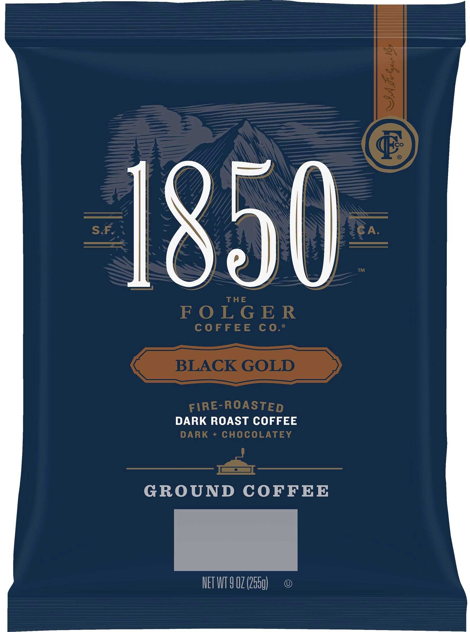 Folgers 1850 Black Gold Dark Roast Ground Coffee, 9 Ounce -- 12 per case.