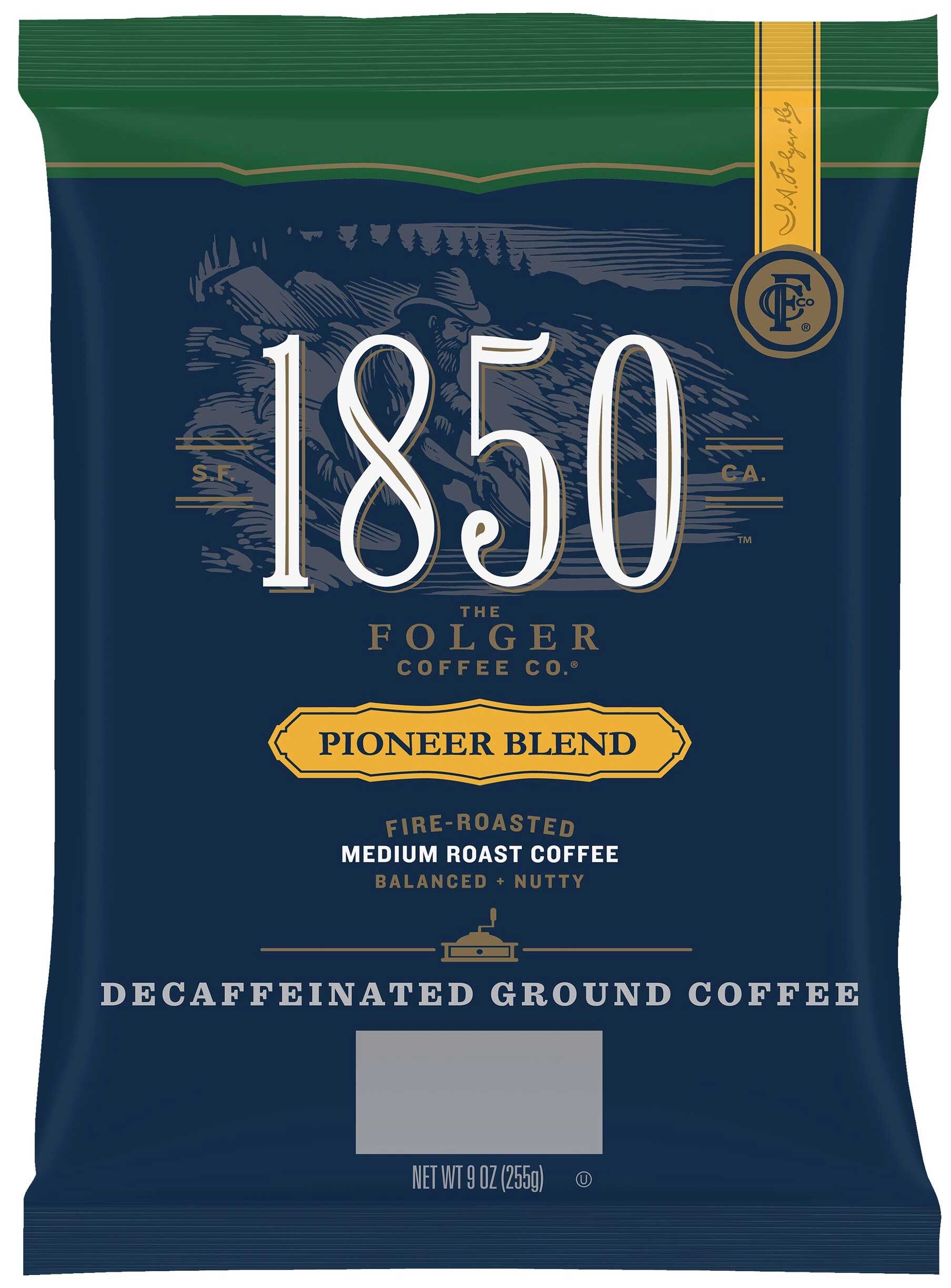 Folgers 1850 Pioneer Blend Medium Roast Decaffeinated Ground Coffee, 9 Ounce -- 12 per case.