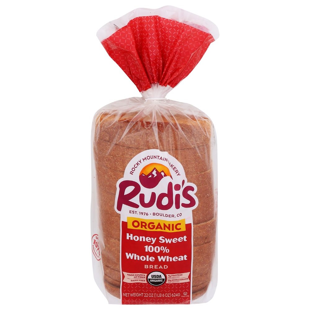 Rudis Organic Honey Sweet Whole Wheat Sandwich Bread, 22 Ounce -- 8 per case.