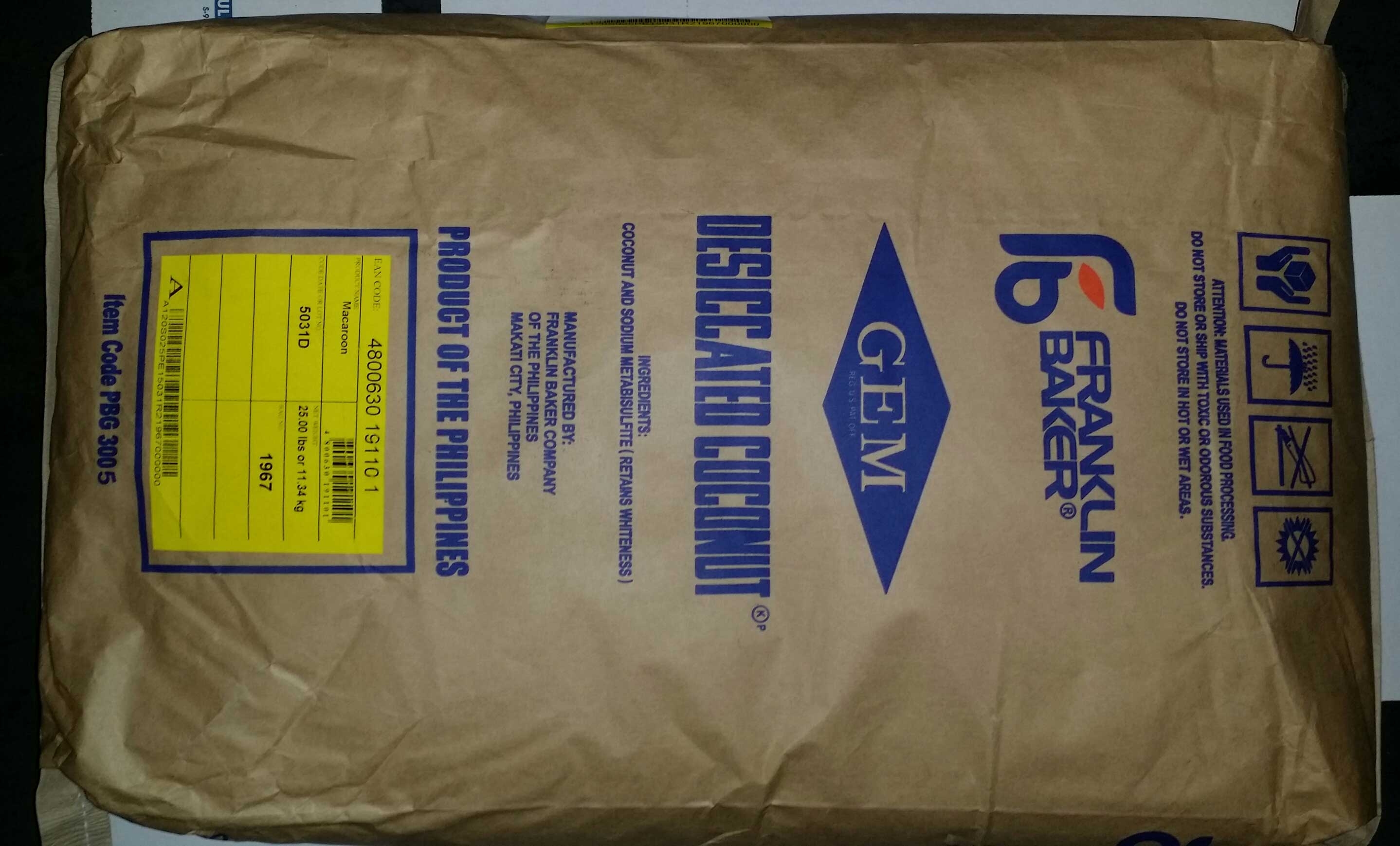 Marx Brothers Coconut Macaroon Unsweetened Desiccated, 25 Pound -- 1 Bag