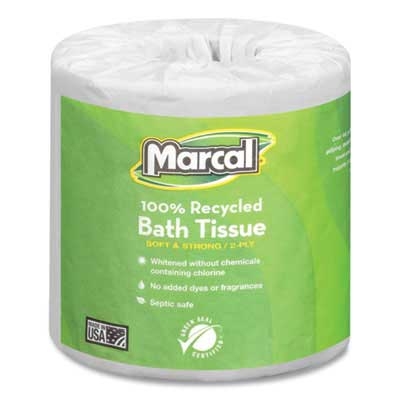 Marcal 100% Recycled Two-Ply Embossed Toilet Tissue, White, 48 Rolls/Carton