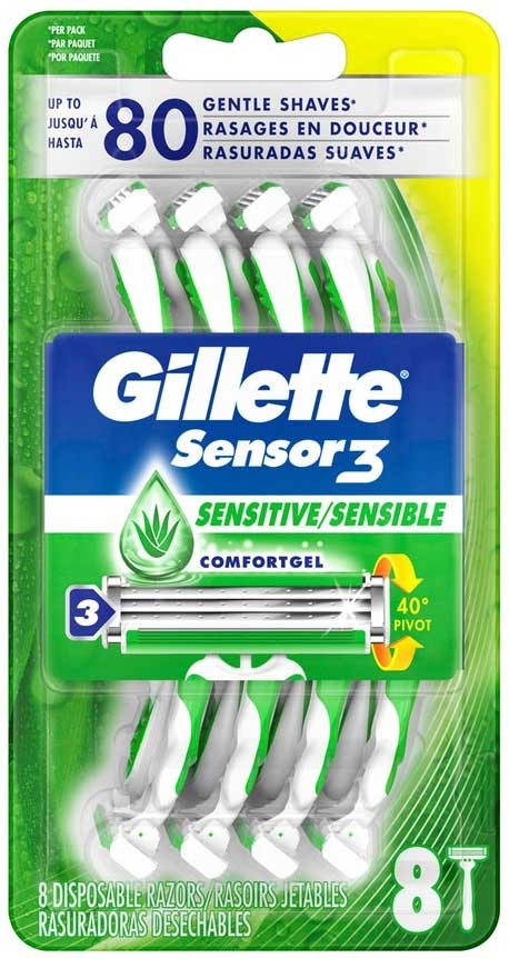 Gillette Sensor 3 Base Sensitive/Sensible Disposable Razor, 8 count per pack -- 12 per case.