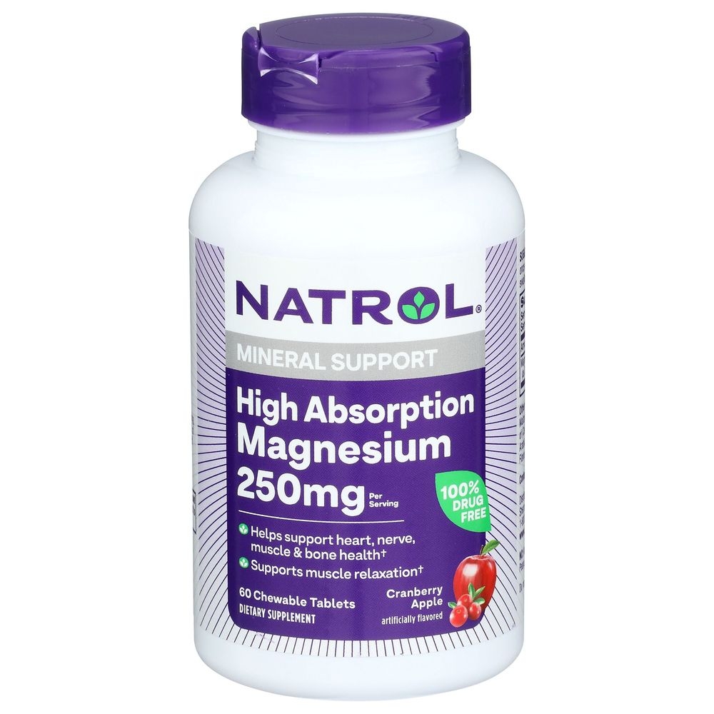 Natrol High Absorption 250 mg Magnesium Mineral Support Cranberry Chewable Tablets, 60 count