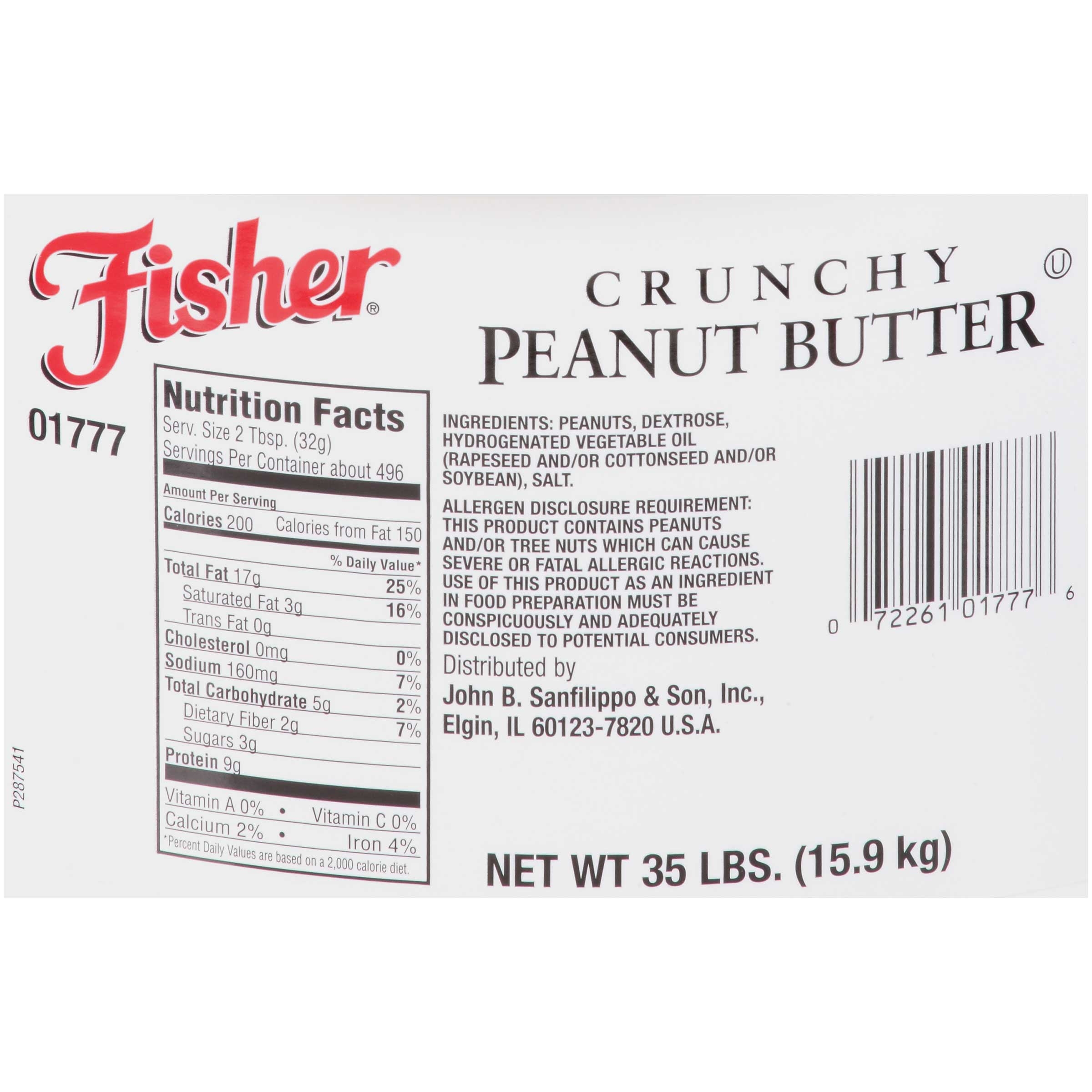 Fisher Crunchy Peanut Butter - Pail, 35 Pound.