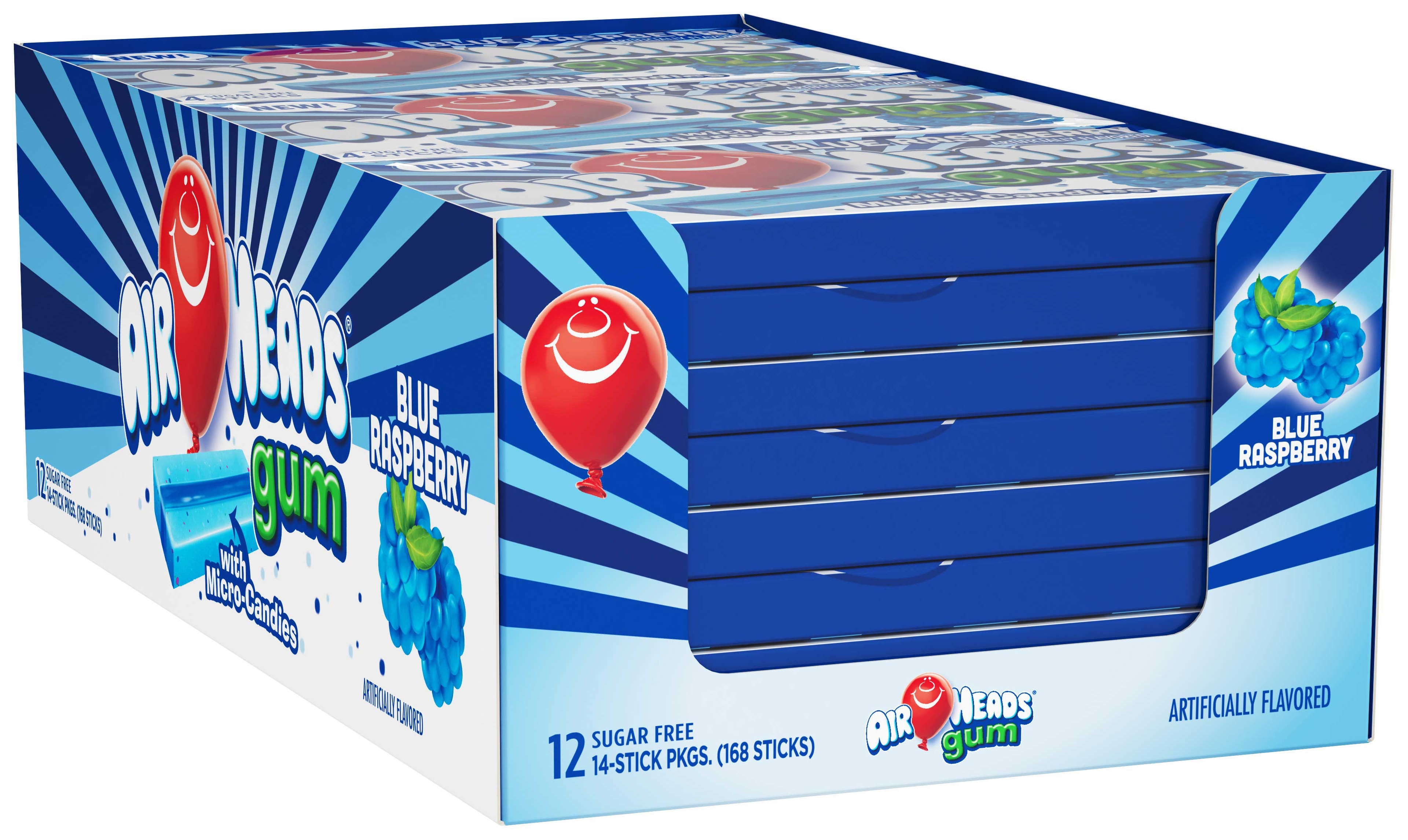 Airheads Blue Raspberry Sugar Free Gum Sticks, 14 pieces per pack -- 144 per case.