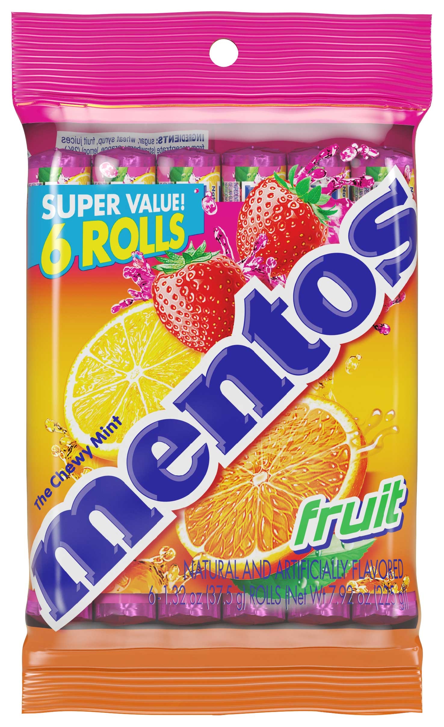 Mentos Fruit Chewy Mint Roll, 6 count per pack -- 12 per case.