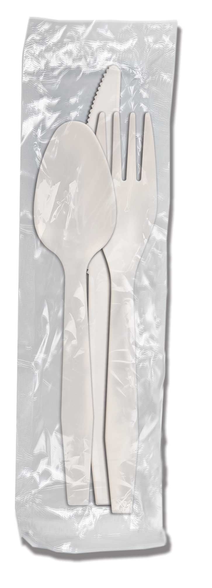 Senate White Polypropylene Wrapped Medium Weight Knife Fork Spoon Kit -- 250 per case.