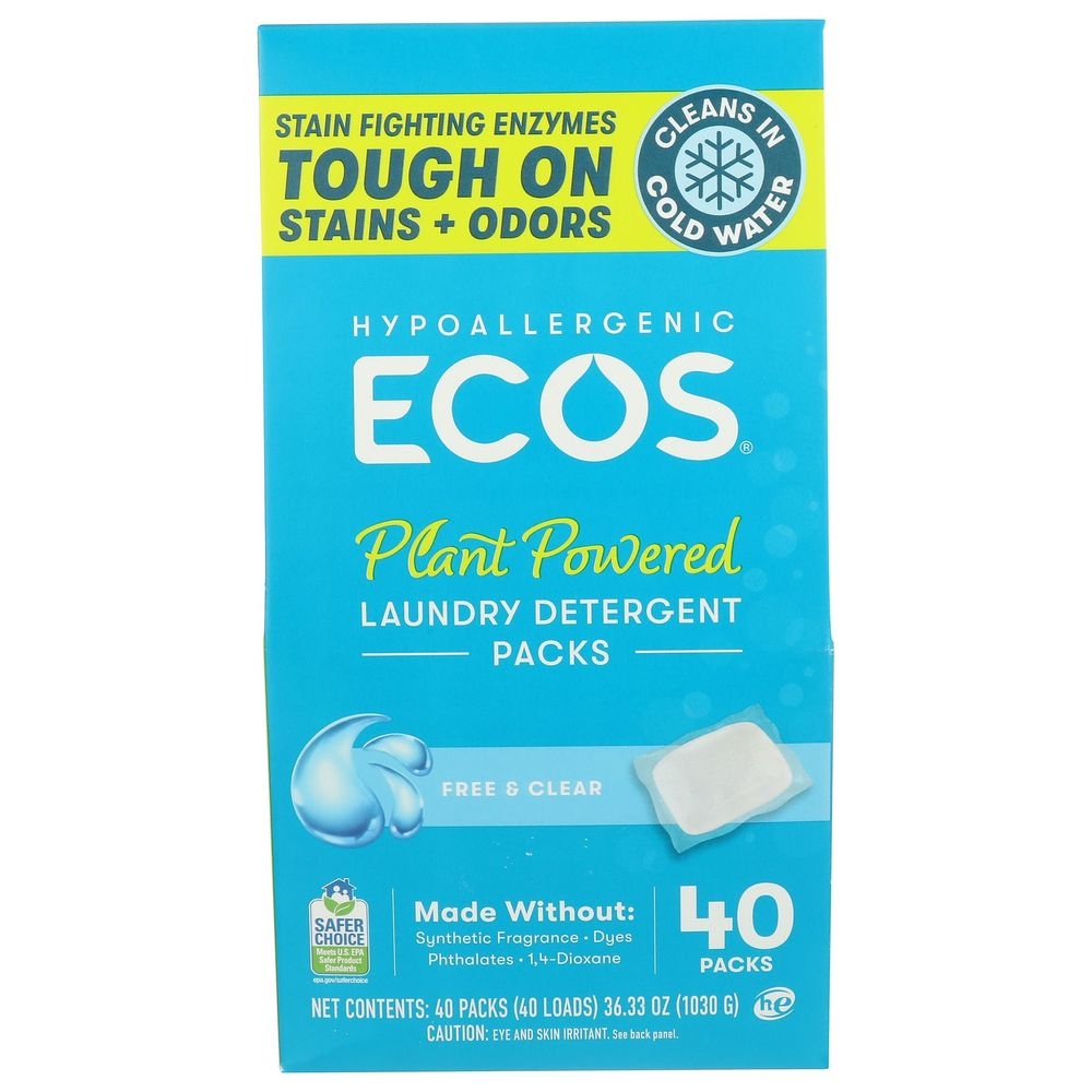 Ecos Free and Clear Plant Powered Laundry Detergent Packs, 40 count -- 6 per case