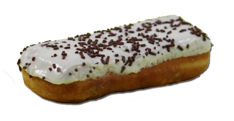 Prairie City Bakery Premium Long John Creme Filled White Iced Donut with Chocolate Sprinkles, 28.4 Gram -- 4 per case.