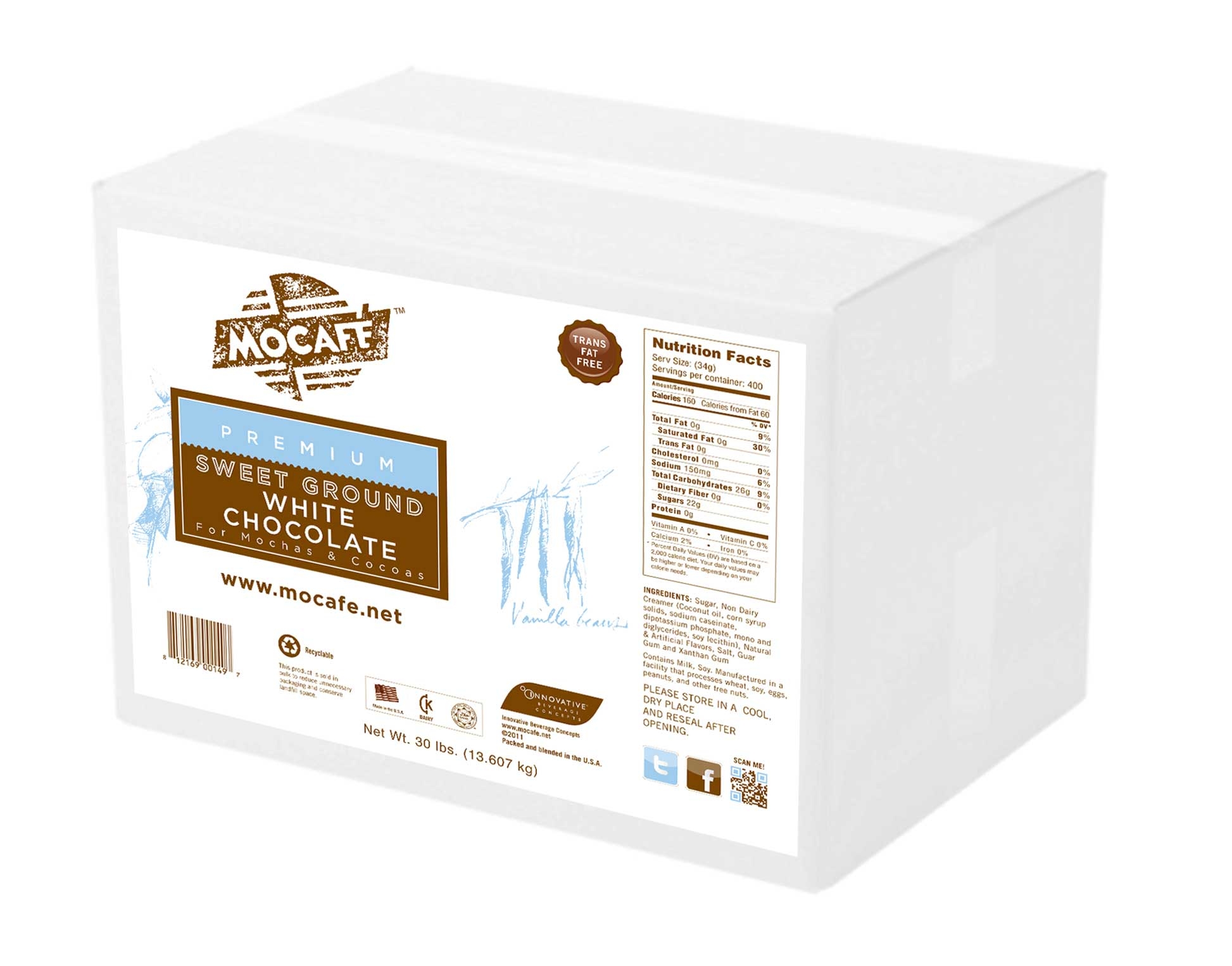 Mocafe Sweet Ground White Chocolate, 30 Pound.