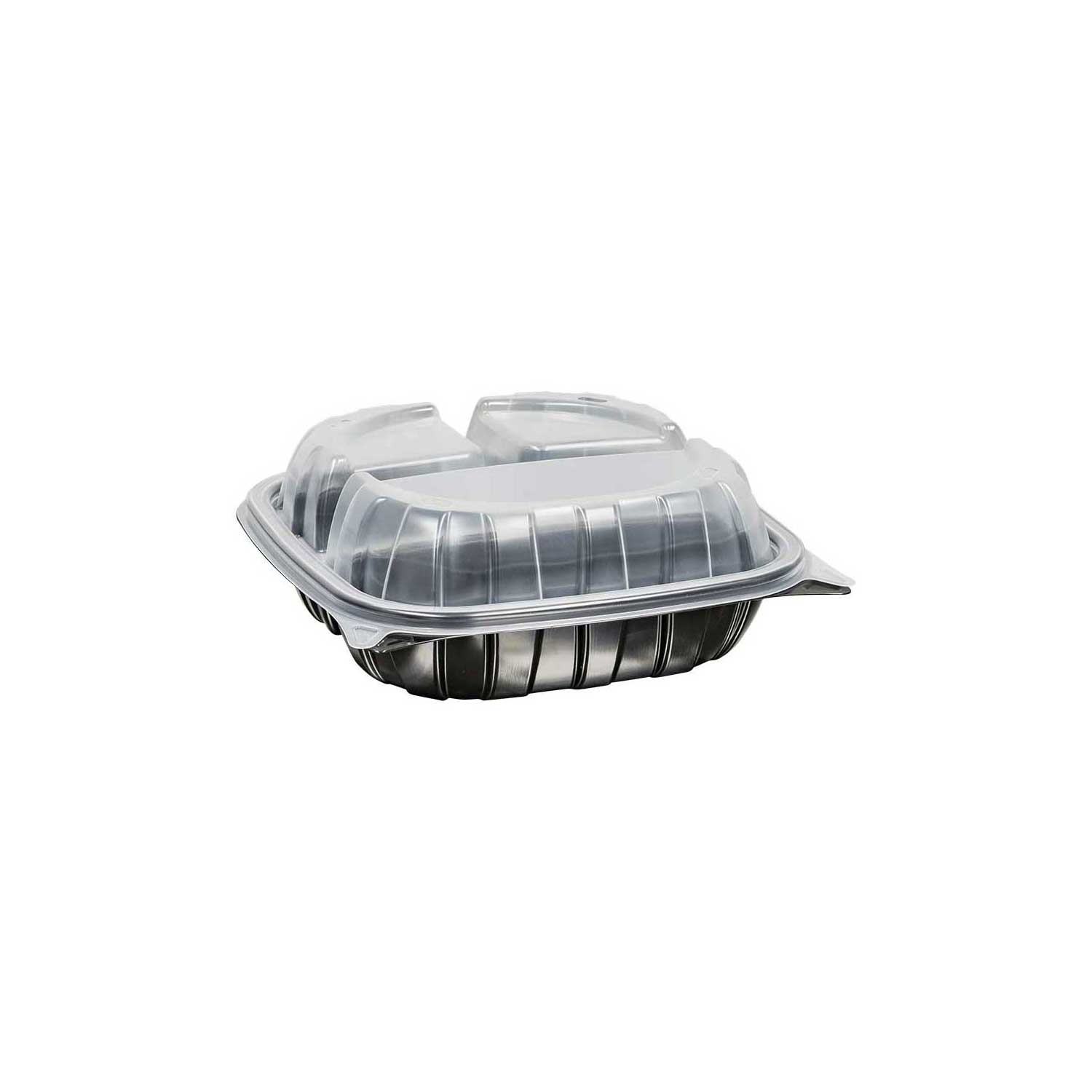 Inno-Pak 8 inch Rigid 3 Cell Clear Polypropylene Top Black Bottom Carry Out Microwave Hinged Container, 15/6/6 Fluid Ounce -- 138 per case