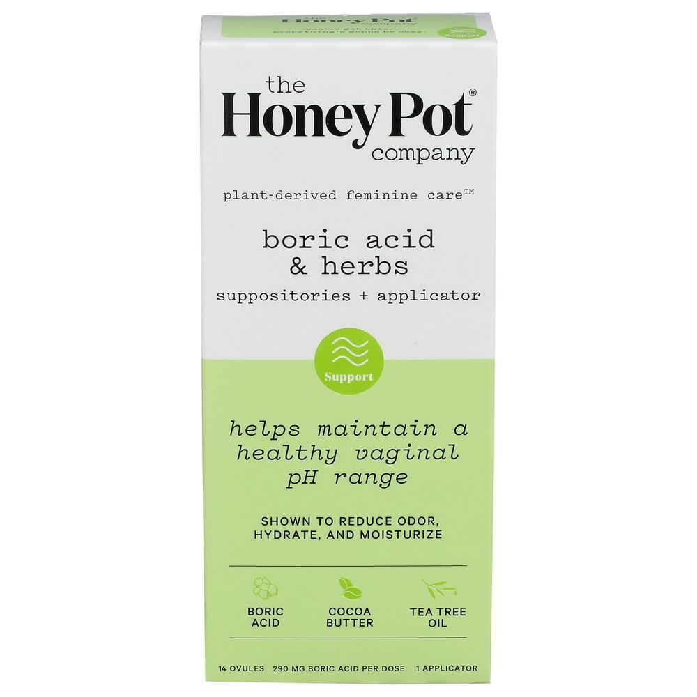 Honey Pot Boric Acid and Herbs Suppositories Plus Applicator with Cocoa Butter Tea Tree Oil, 14 count