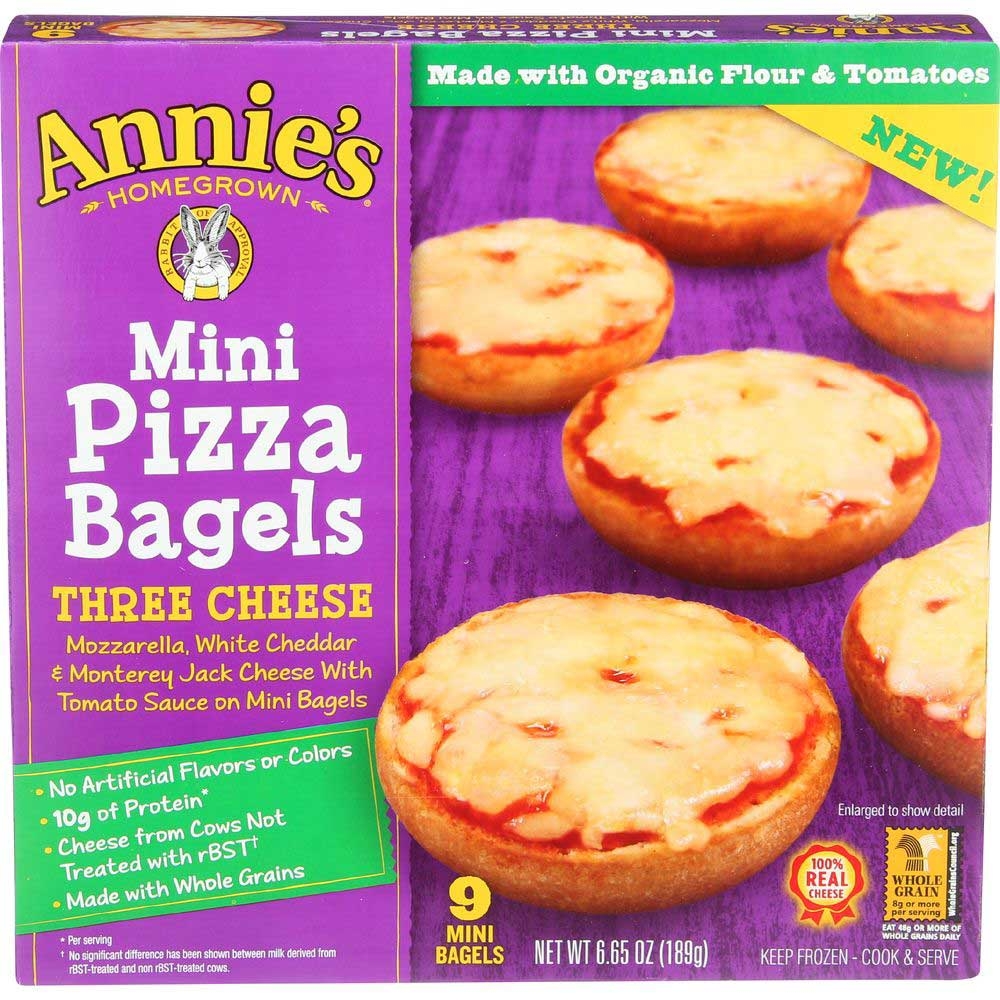 Annies Homegrown Three Cheese Mini Pizza Bagels, 6.65 Ounce -- 12 per case.