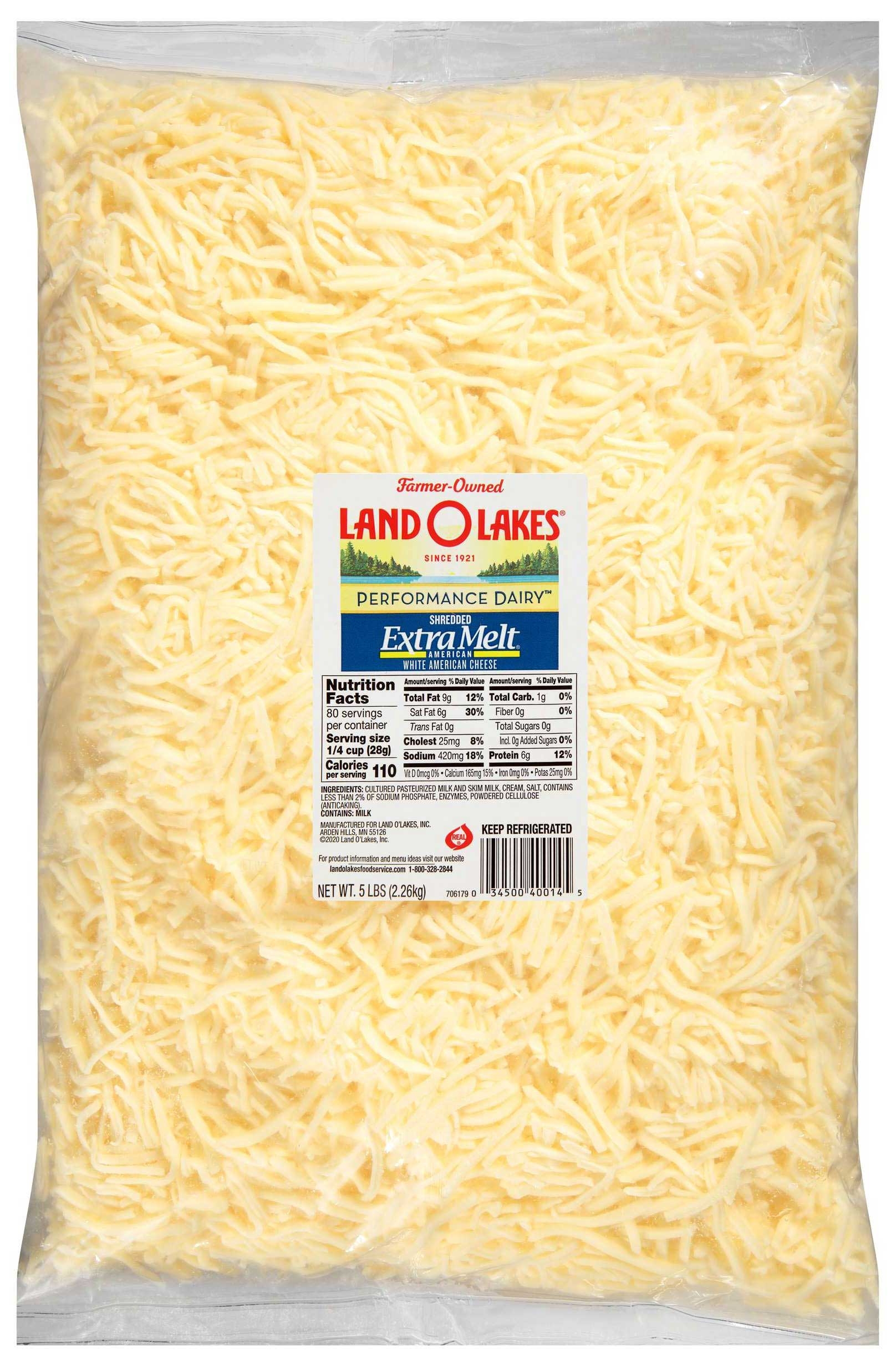 Land O Lakes Extra Melt White Shredded American Cheese, 5 Pound -- 4 per case.