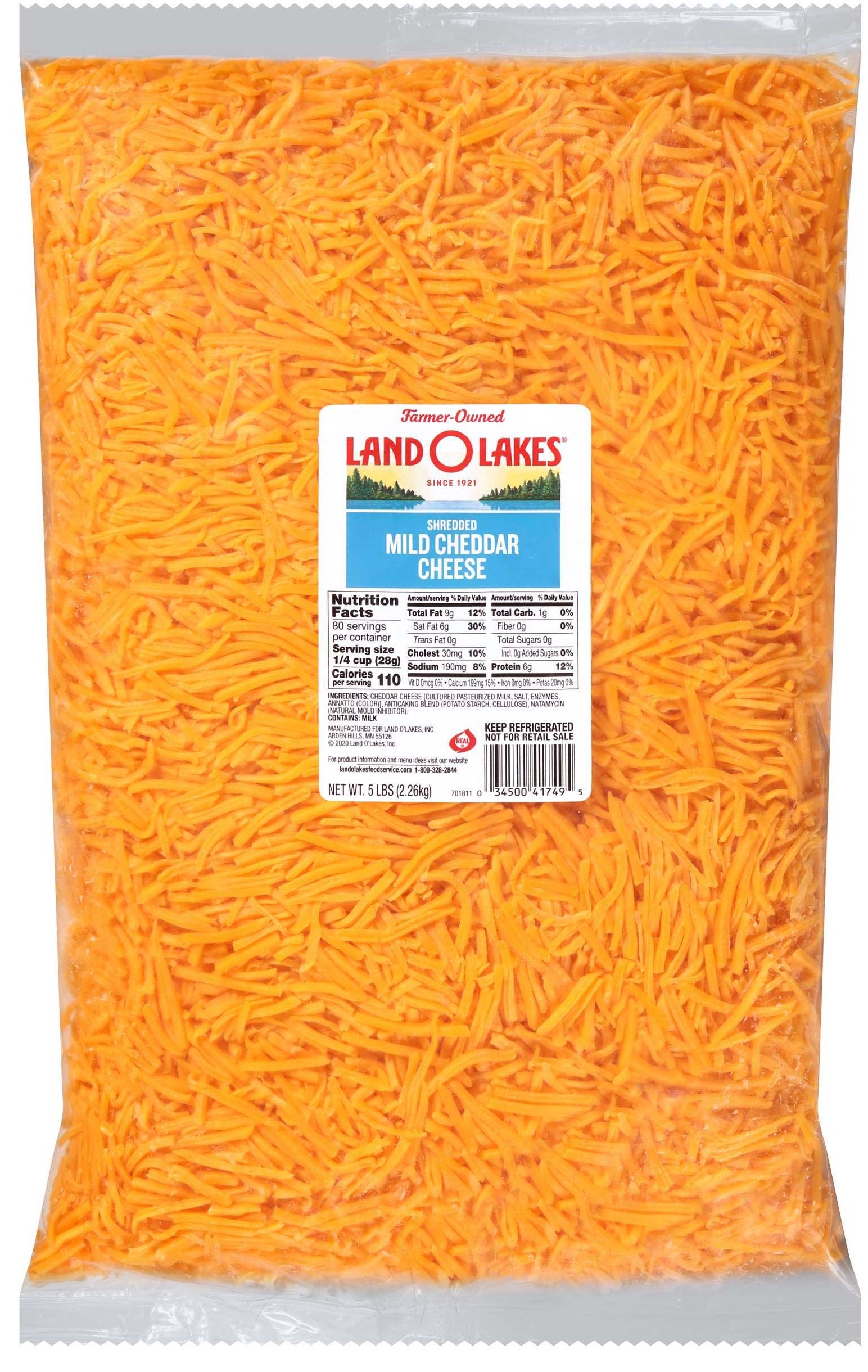 Land O Lakes Shredded Mild Cheddar Cheese, 5 Pound -- 4 per case.