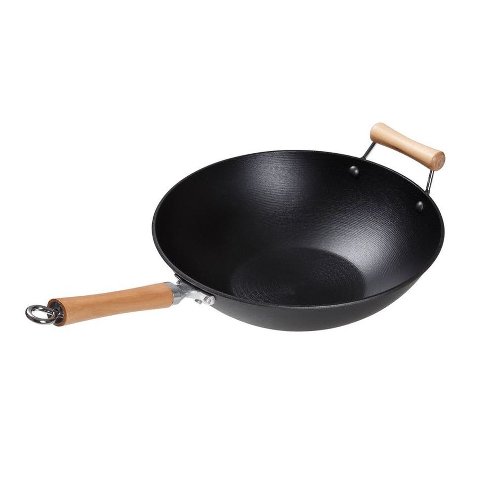 Joyce Chen Professional Series Preseasoned Cast Iron Flat Bottom Wok with Maple Handle, 14 inch