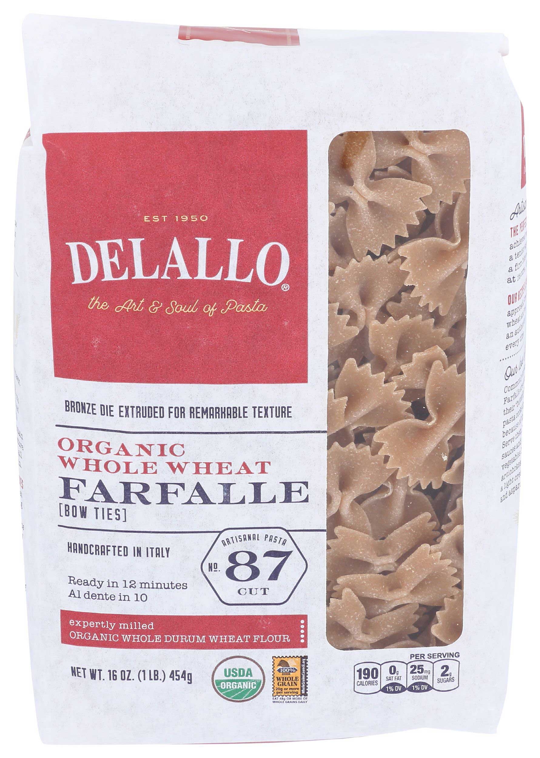 Delallo Whole Wheat Farfalle Pasta, 16 Ounce -- 8 per case