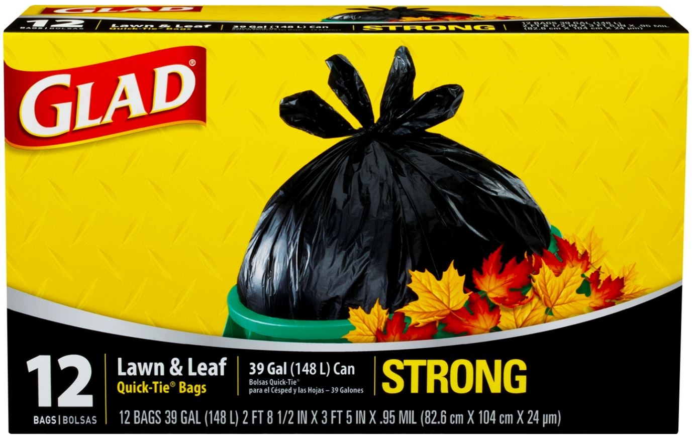 Glad Quick Tie Lawn and Leaf Trash Bag, 39 Gallon - 12 per pack -- 12 packs per case.