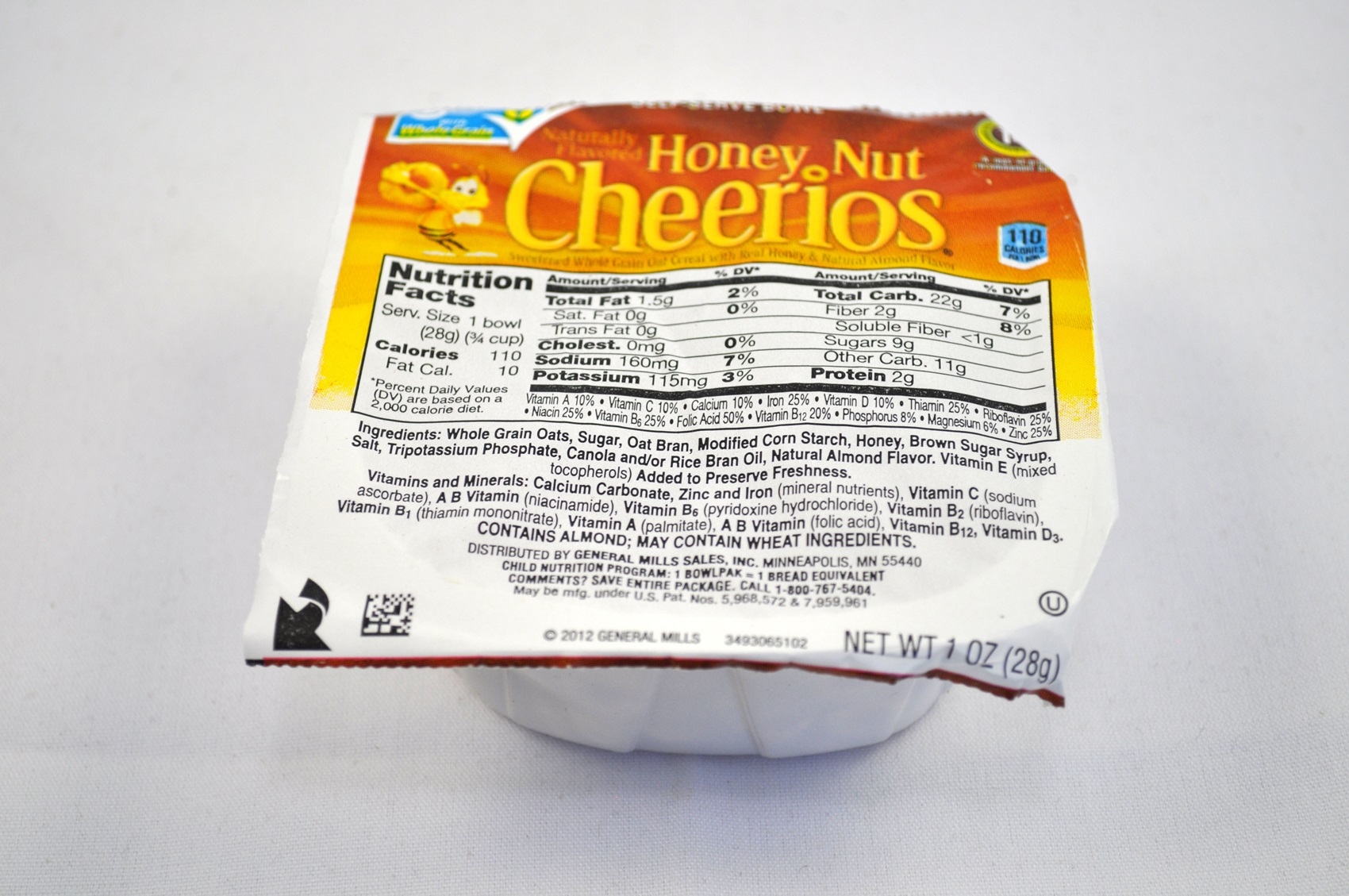 General Mills Honey Nut Cheerios Cereal, Bowl Pak, 1 Ounce -- 96 per case.