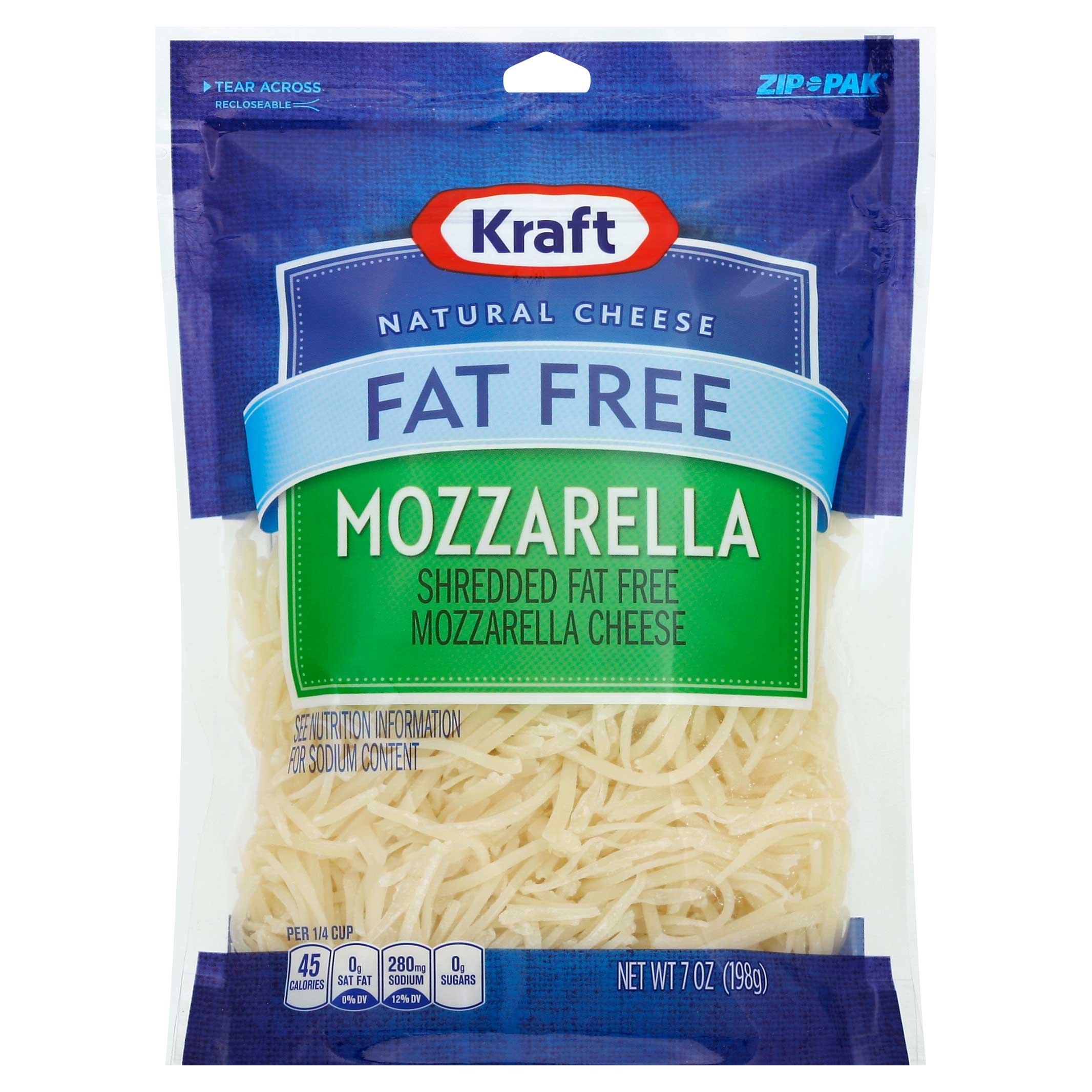 Kraft Zip Pak Natural Shredded Fat Free Mozzarella Cheese, 7 Ounce -- 12 per case.