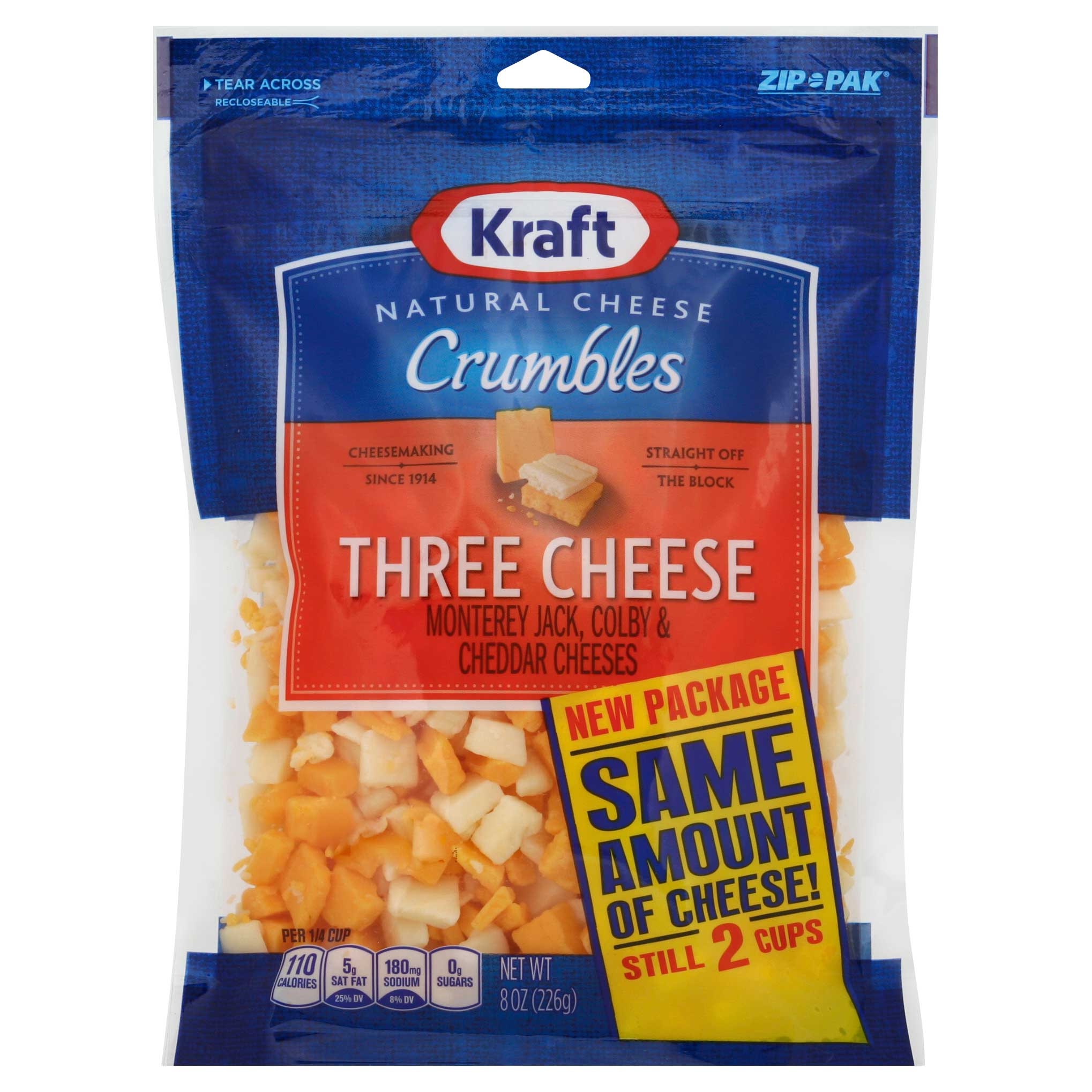 Kraft Zip Pak Natural Crumbles Three Cheese, 8 Ounce -- 12 per case.