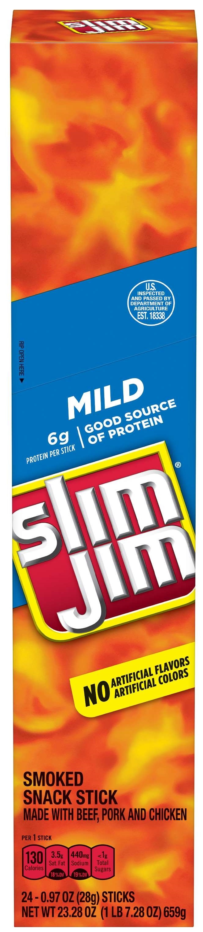 Slim Jim Mild Giant Meat Snack Stick - 24 count per box -- 6 boxes per case