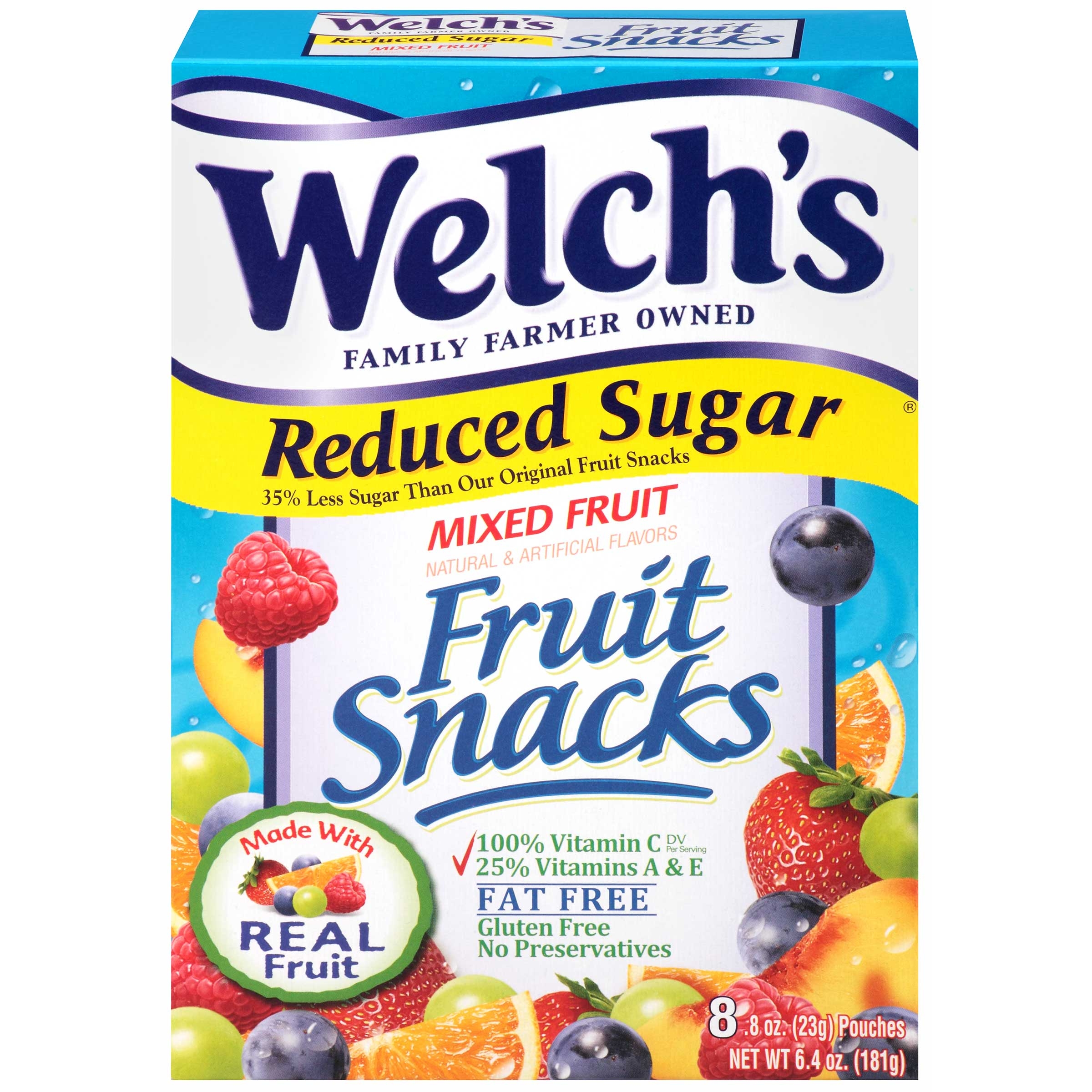 Welchs Reduced Sugar Mixed Fruit Snacks, 8 count per pack -- 8 per case.