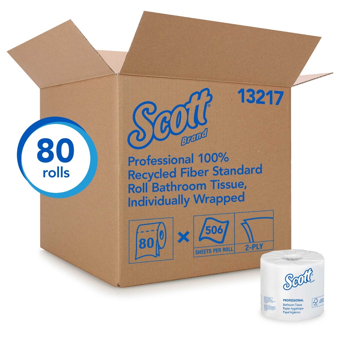 Scott 100% Recycled Fiber Bathroom Tissue, 2-Ply, 473 Sheets/Roll, 80/Carton