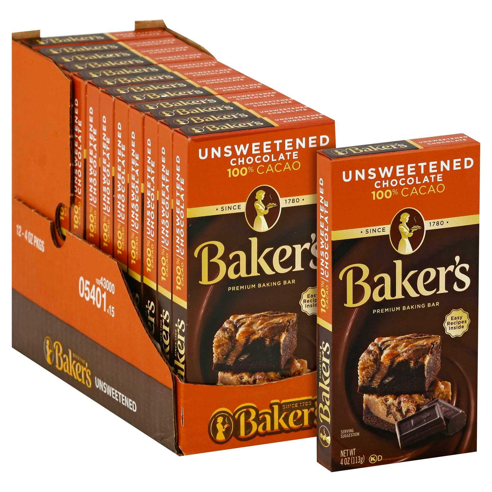 Baker's Premium Unsweetened Chocolate Baking Bar, 4 Ounce -- 12 per case