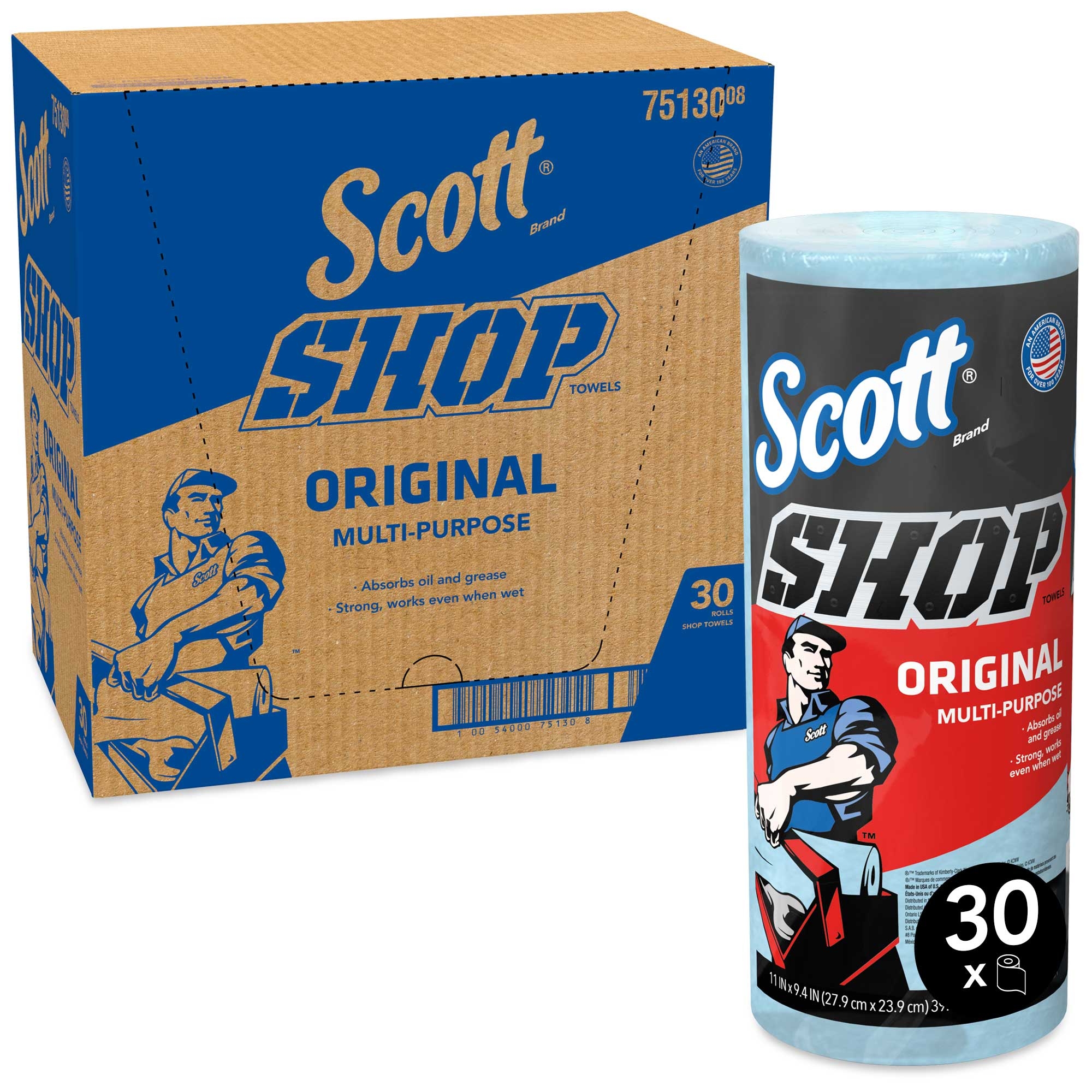 Scott Original Paper Blue Shop Towel Roll - 55 sheet per roll -- 30 rolls per case