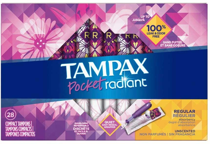 Tampax Pocket Radiant Regular Tampons, 28 count per pack -- 12 per case.