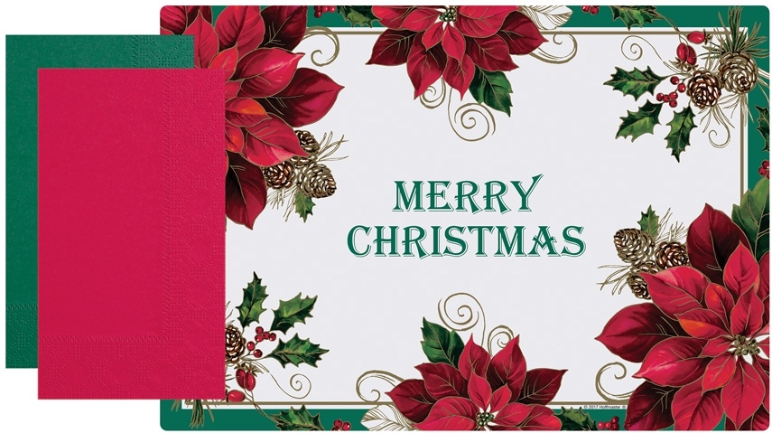 Hoffmaster Paper Traditional Poinsettia Placemat and Coordinating Dinner Napkin Kit - Combo Pack -- 500 per case.