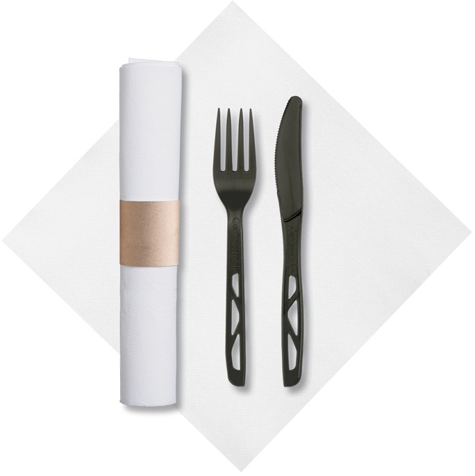 Hoffmaster Caterwrap Fashnpoint 100 Percent Compostable Napkin Rolled Cutlery Kit -- 50 per case.
