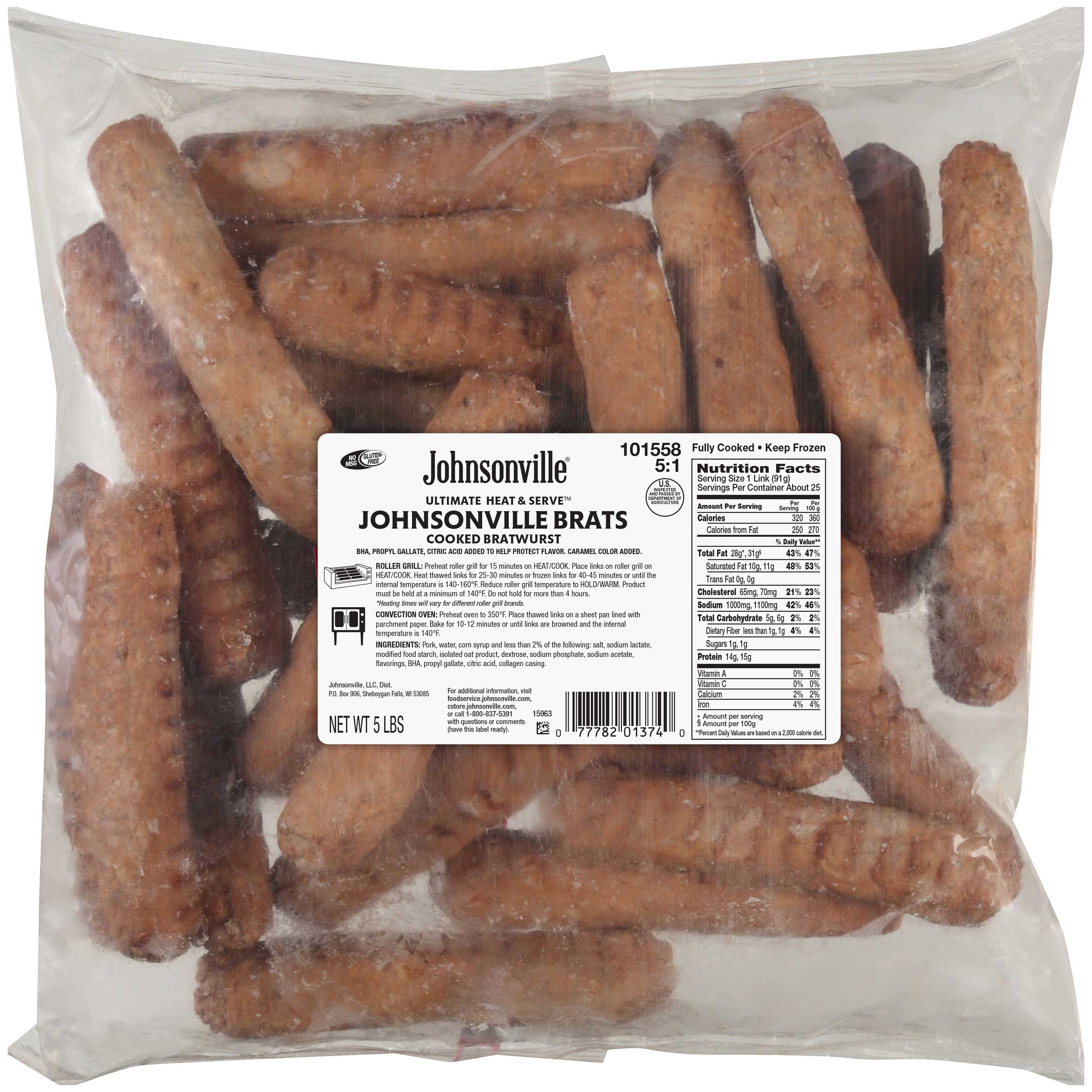 Johnsonville Heat and Serve Ultimate Cooked Bratwurst, 80 Ounce -- 2 per case.