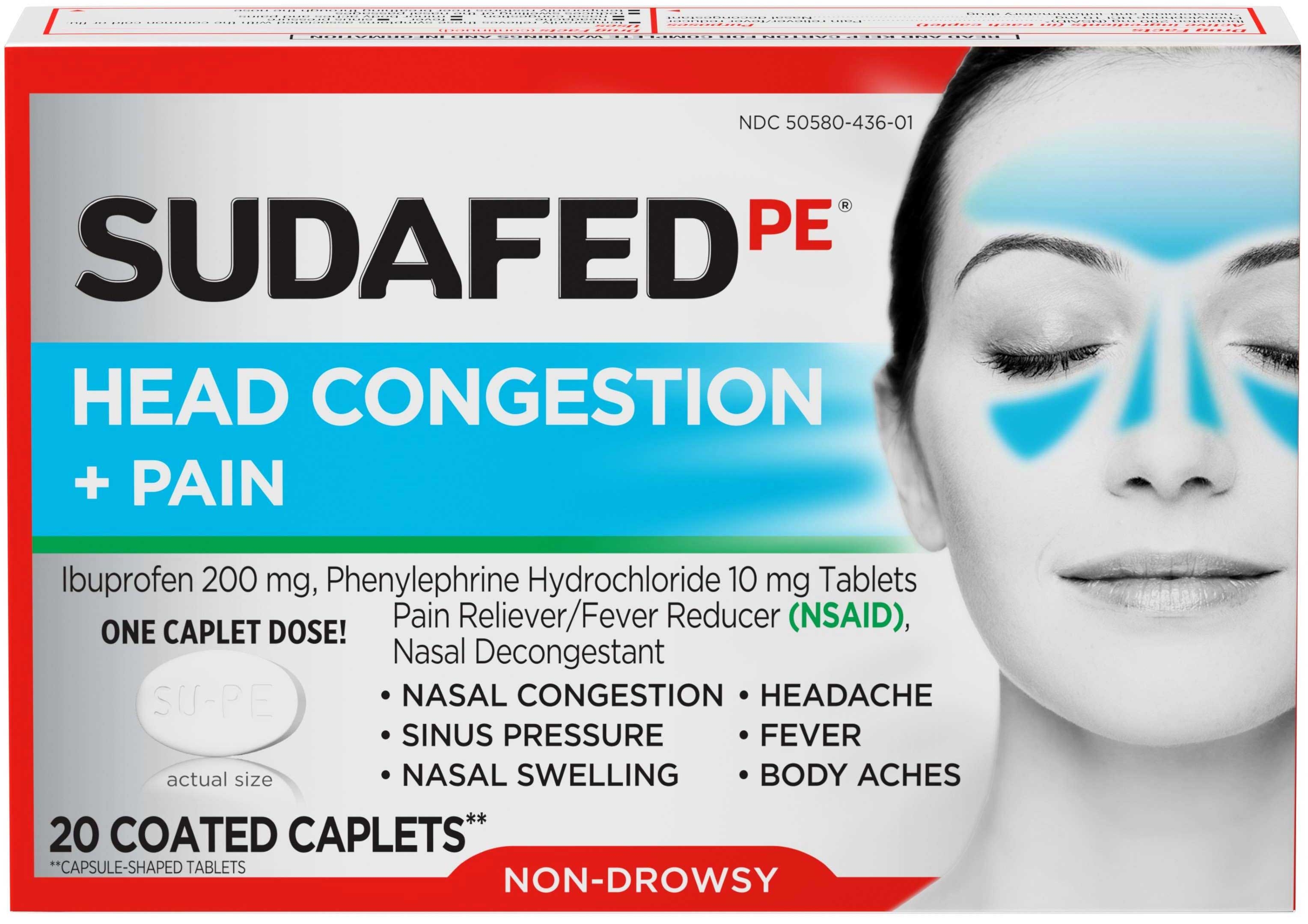 Sudafed PE Head Congestion Plus Pain Relief Tablets, 20 count per pack -- 24 per case