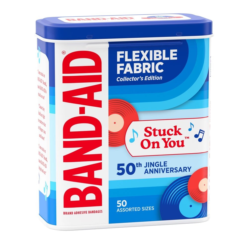 Band-Aid Assorted Size Flexible Fabric Jingle Anniversary Adhesive Bandages - Tin, 50 count -- 36 per case