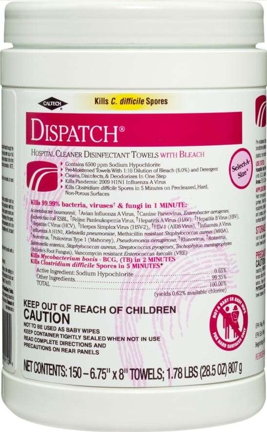 Dispatch Hospital Cleaner Disinfectant Towels with Bleach, 150 count per pack -- 8 per case