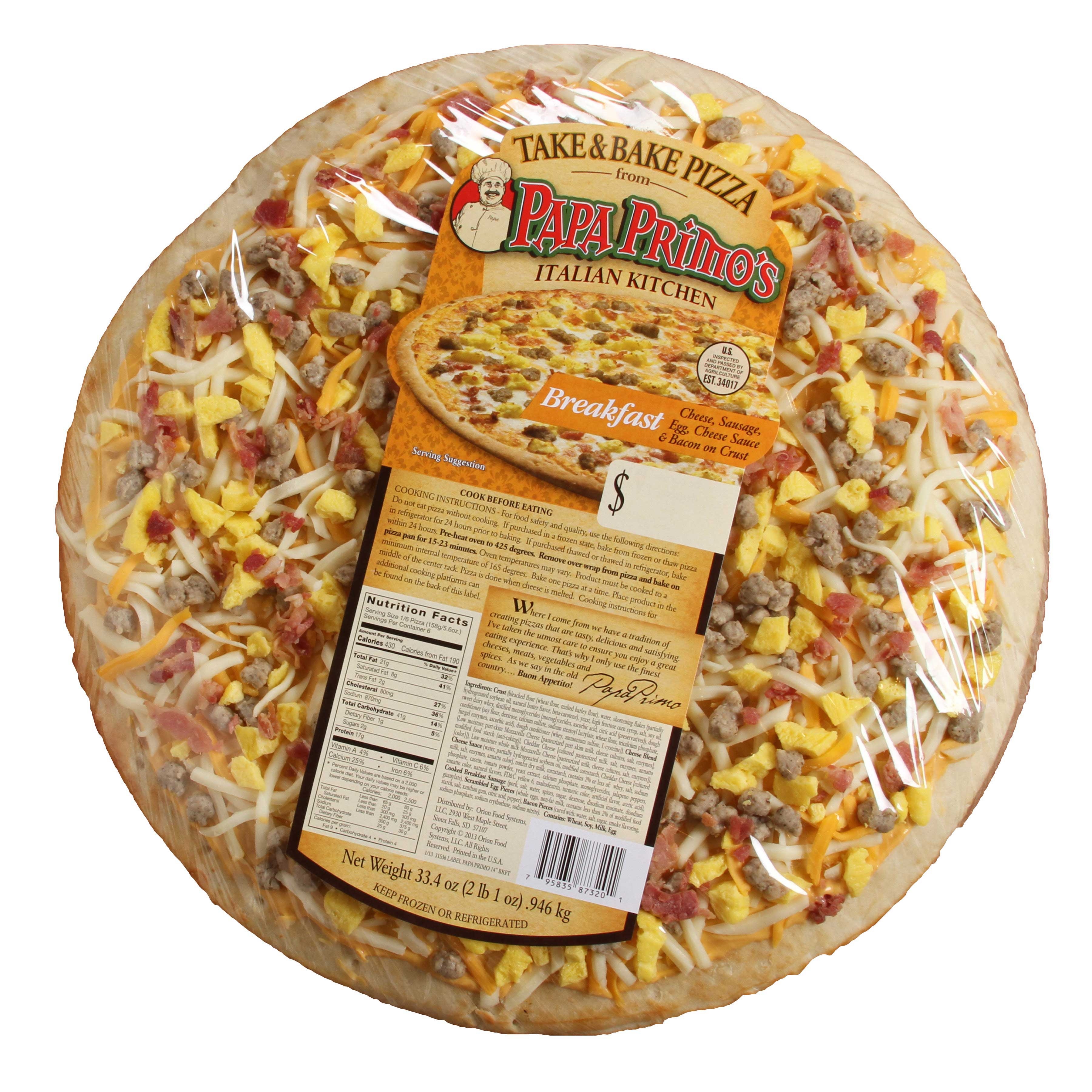 Papas Primos Large Breakfast Pizza, 33.4 Ounce -- 6 per case.