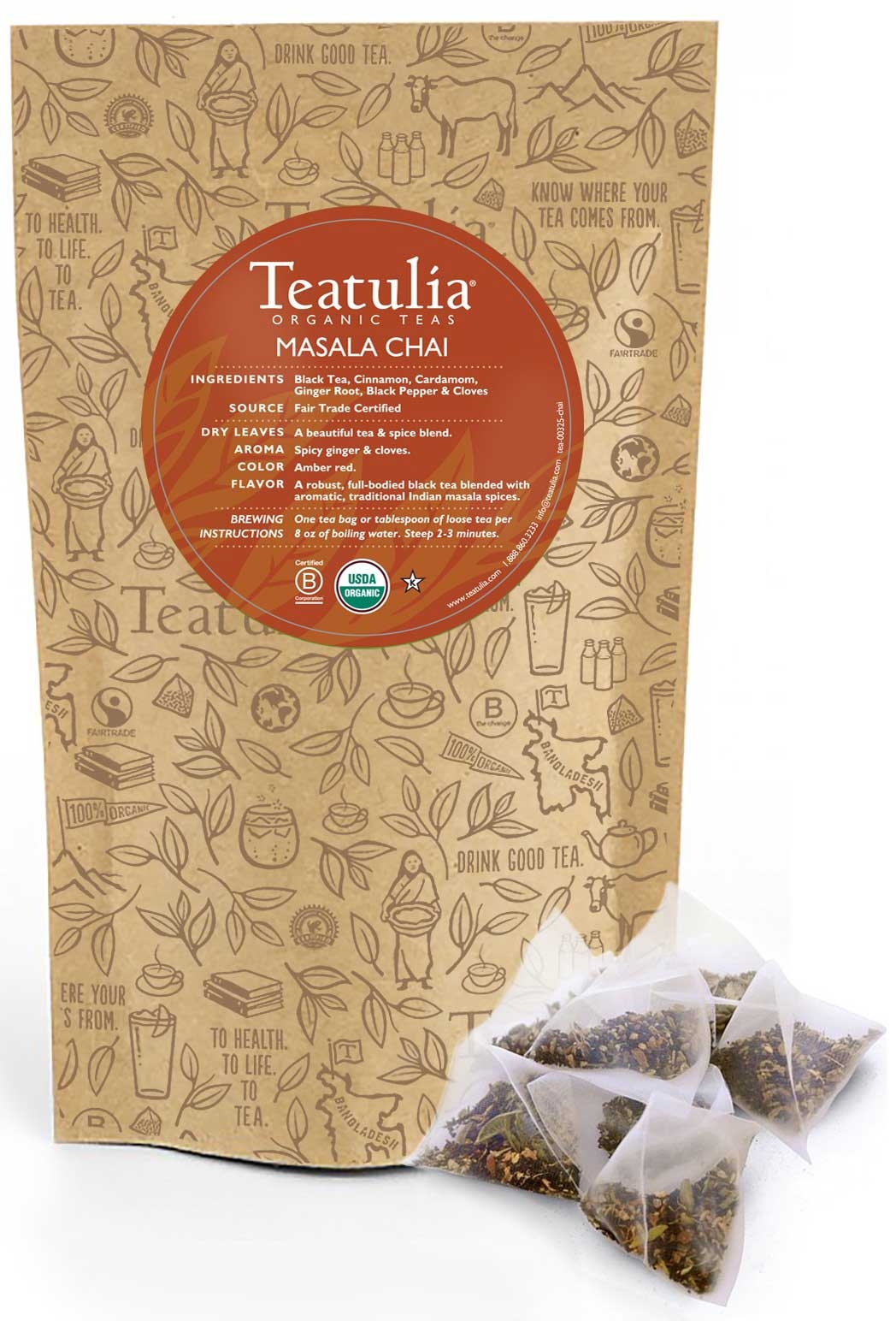 Teatulia Organic Masala Chai Unwrapped Premium Pyramid Tea -- 50 per case