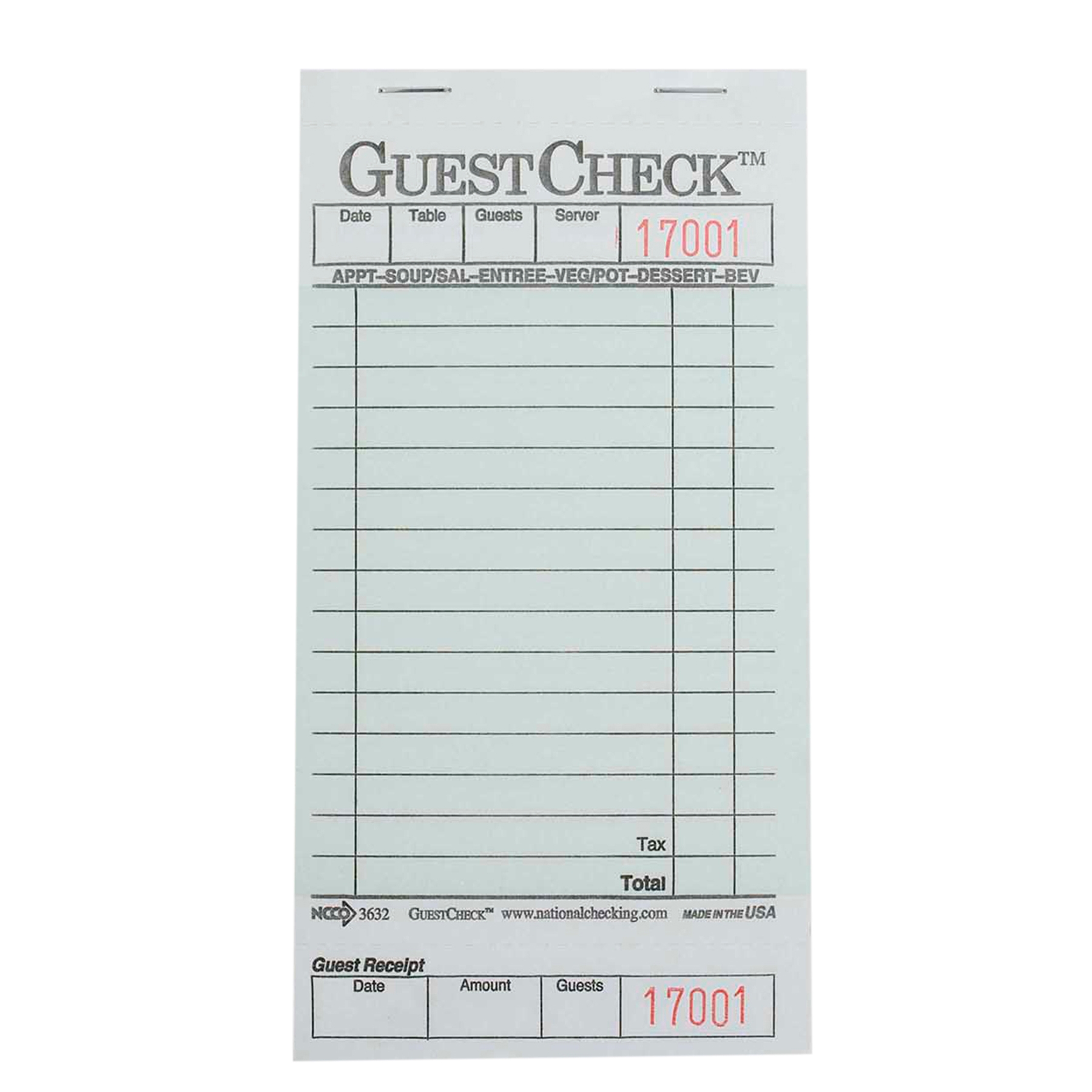 National Checking Company Guest Check Board - 1 Part Green, 15 Line, 3.5 x 6.75 inch -- 2500 per case.