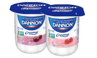 Dannon Creamy Raspberry and Cherry Twin Pack Yogurt, 4 Ounce -- 48 per case.