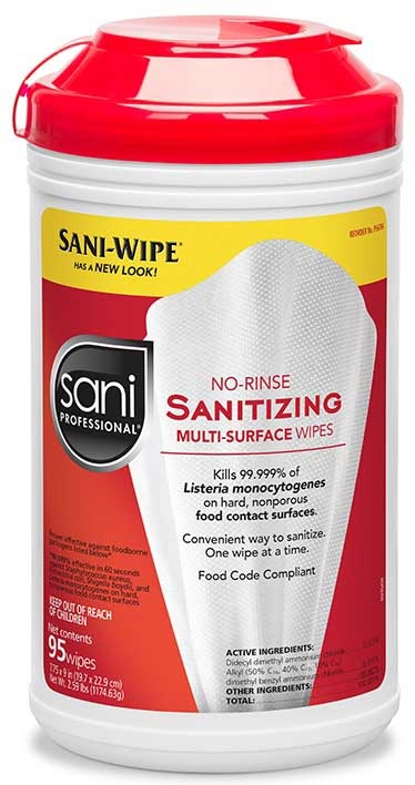 Sani Professional No Rinse Sanitizing Multi Surface Wipes, 95 count per pack -- 6 per case.