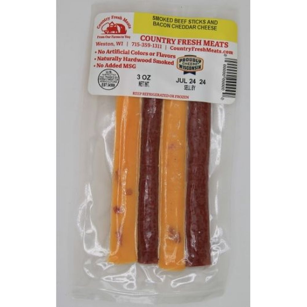 Country Fresh Meats Smoked Beef Stick and Bacon Cheddar Cheese, 3 Ounce -- 102 per case