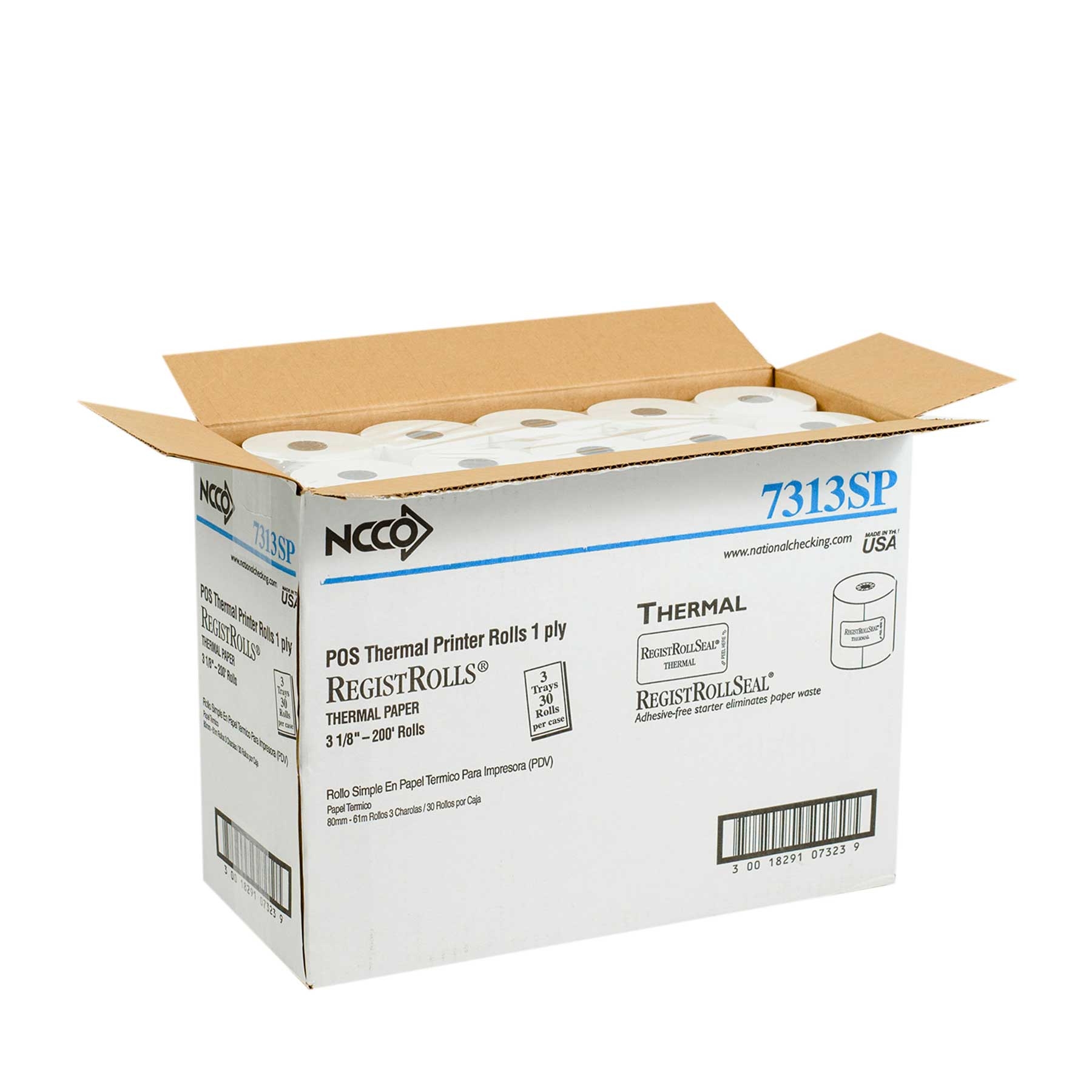 National Checking Company White 1 Ply Register Roll Tape, 3.13 inch -- 30 rolls per case.