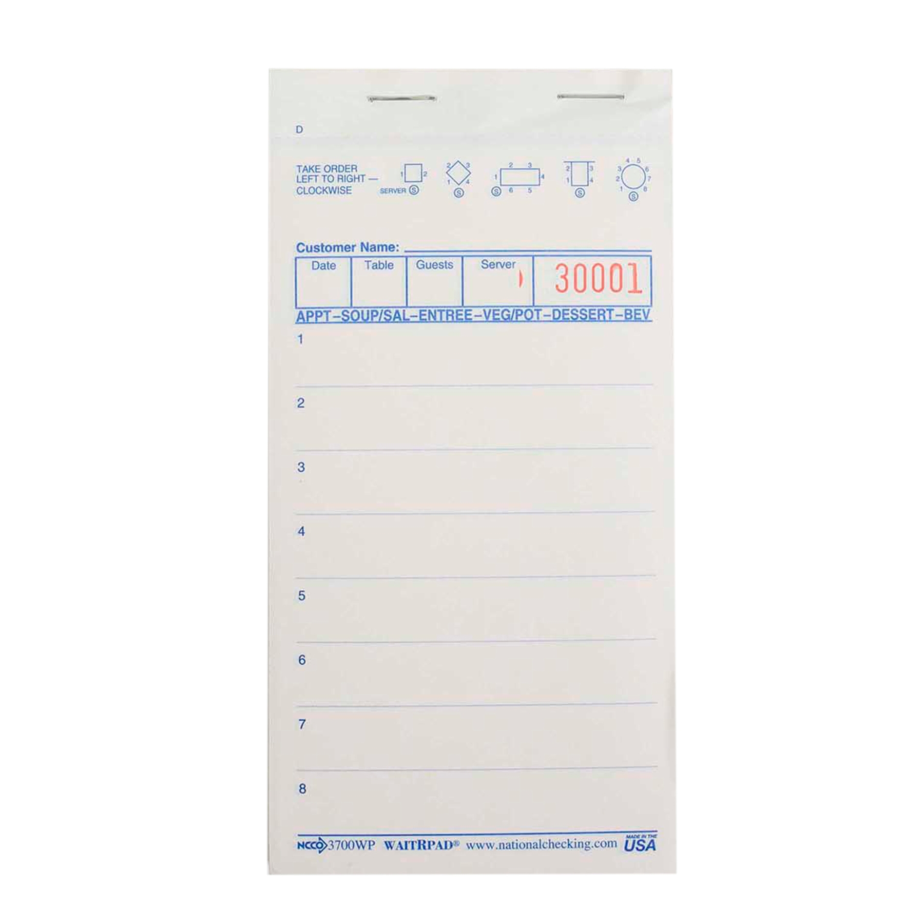 National Checking Company Carbonless Waitrpad Paper - 3 Part White, 8 Line, 3.40 x 6.75 inch -- 2500 per case.